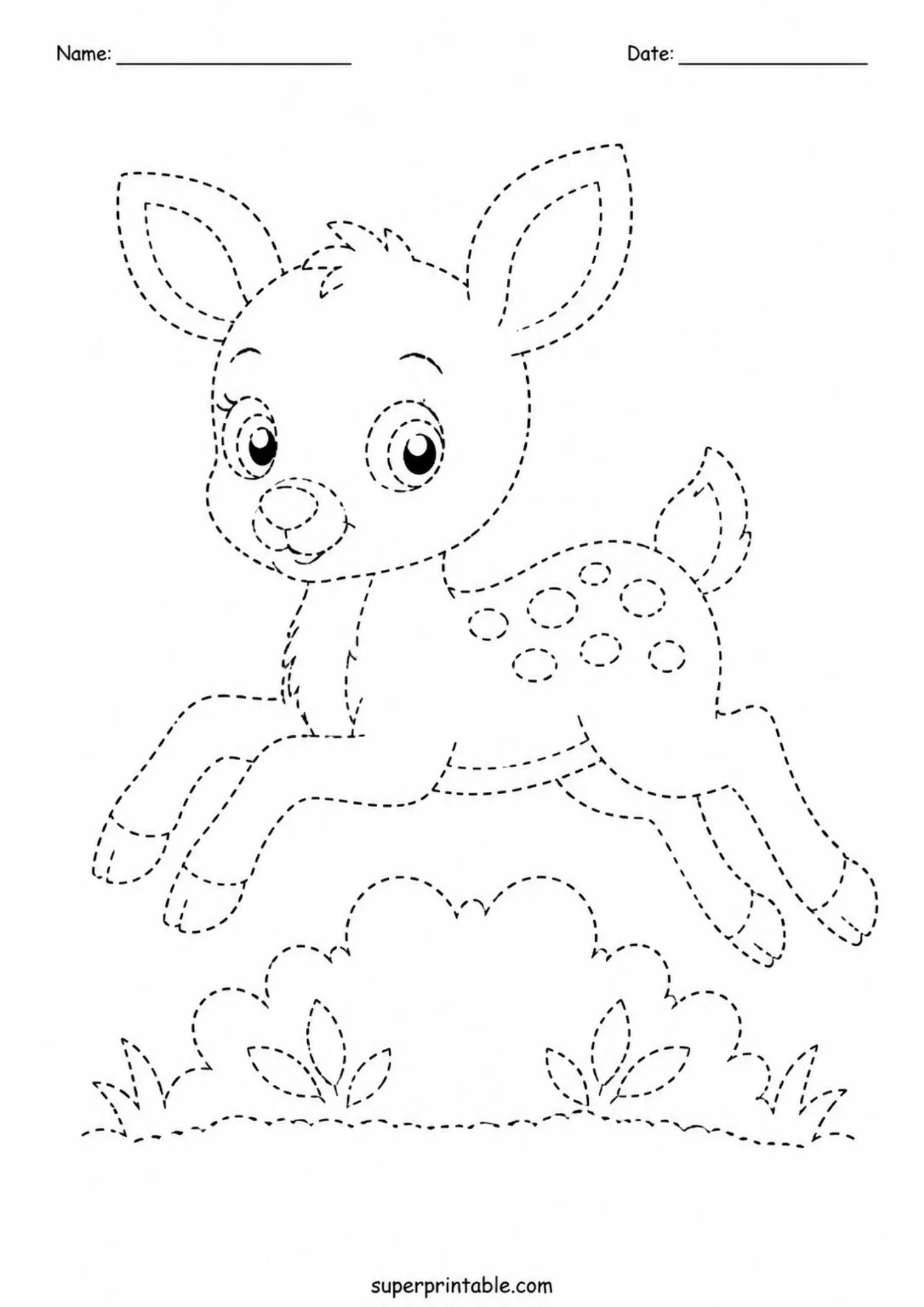 Line tracing activity sheet displaying a cheerful fawn hopping over a small bush in mid-air, drawn entirely in black dashed outlines.
