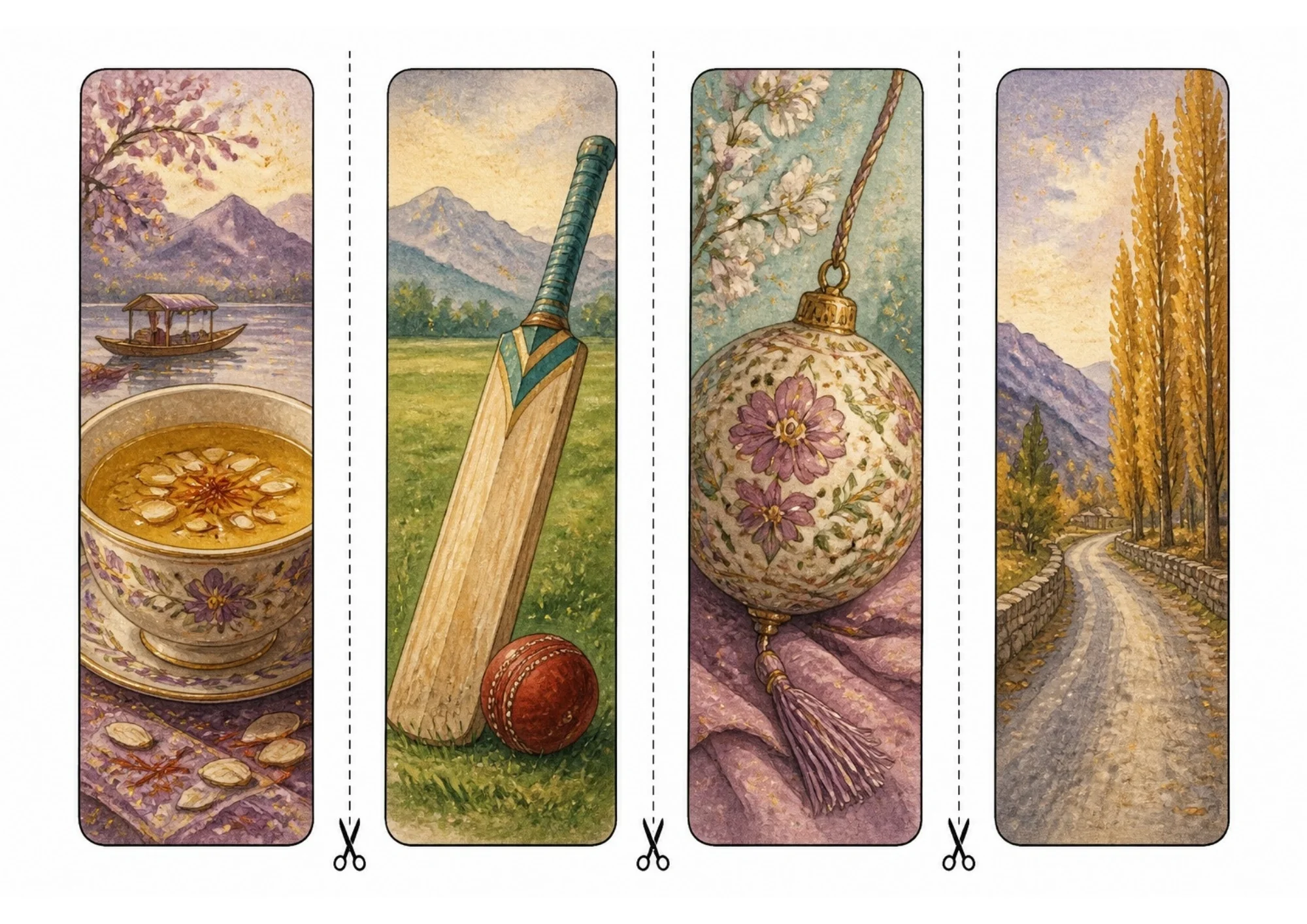 Printable set of four watercolor bookmarks depicting Kashmiri Kahwa tea with almonds and saffron, a Kashmir willow cricket bat, a floral Paper Mache ornament, and a poplar tree lined road.