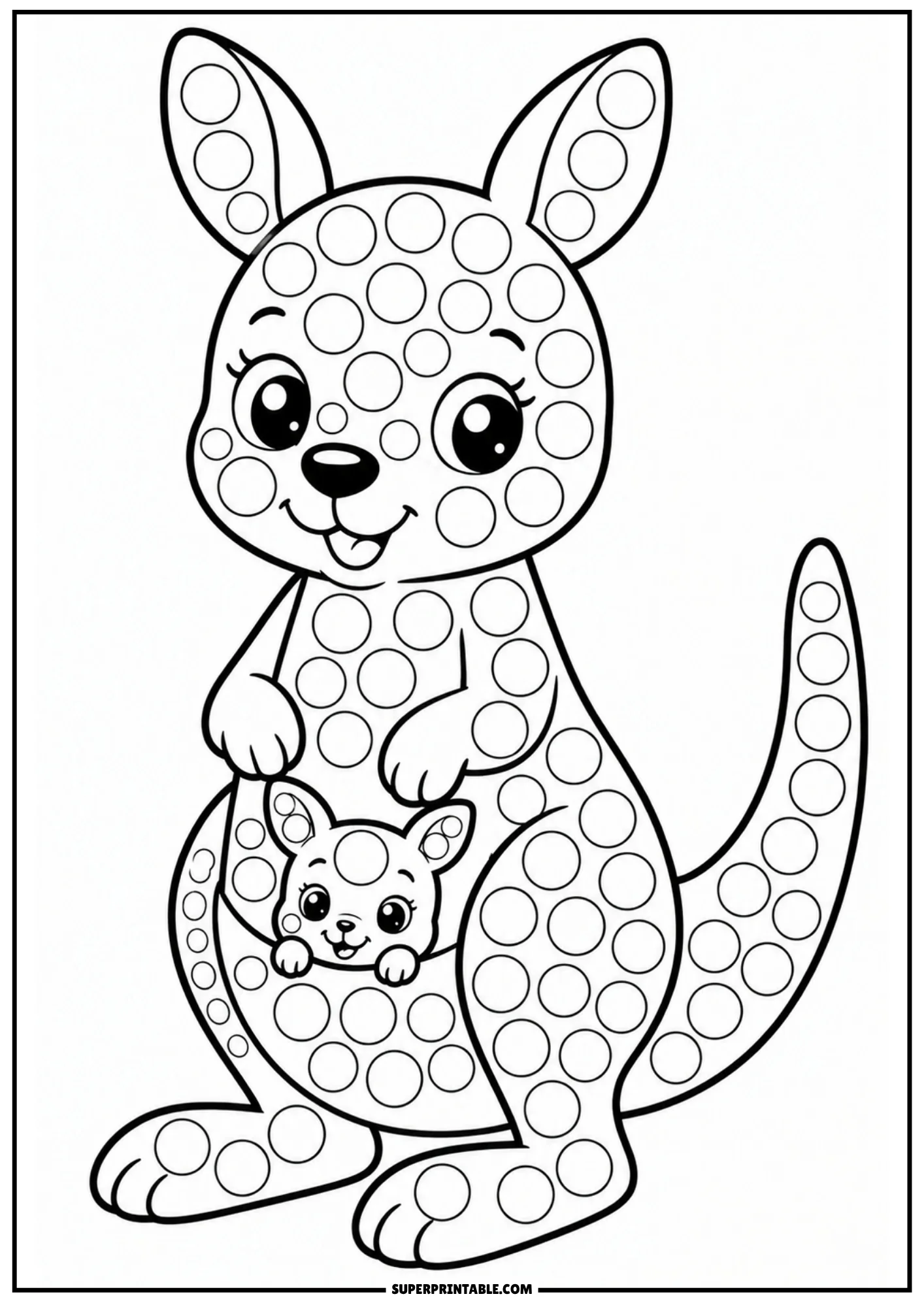 A cute cartoon kangaroo standing with a baby joey in its pouch, covered in circular dot markers.