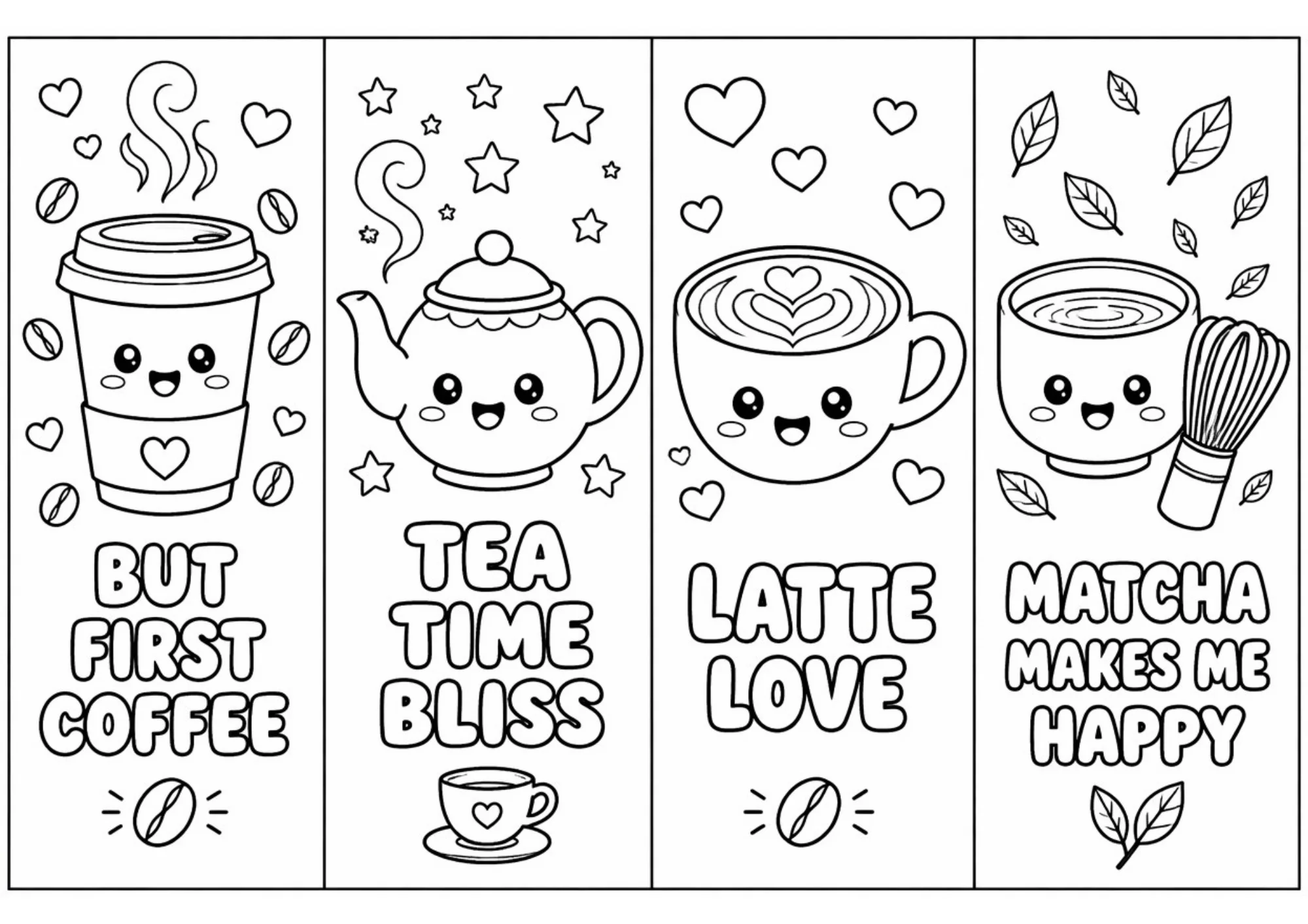 Black and white line art coloring page featuring four printable bookmarks with cute coffee cups, steam, hearts, a teapot, latte art, and a matcha bowl with whisk.