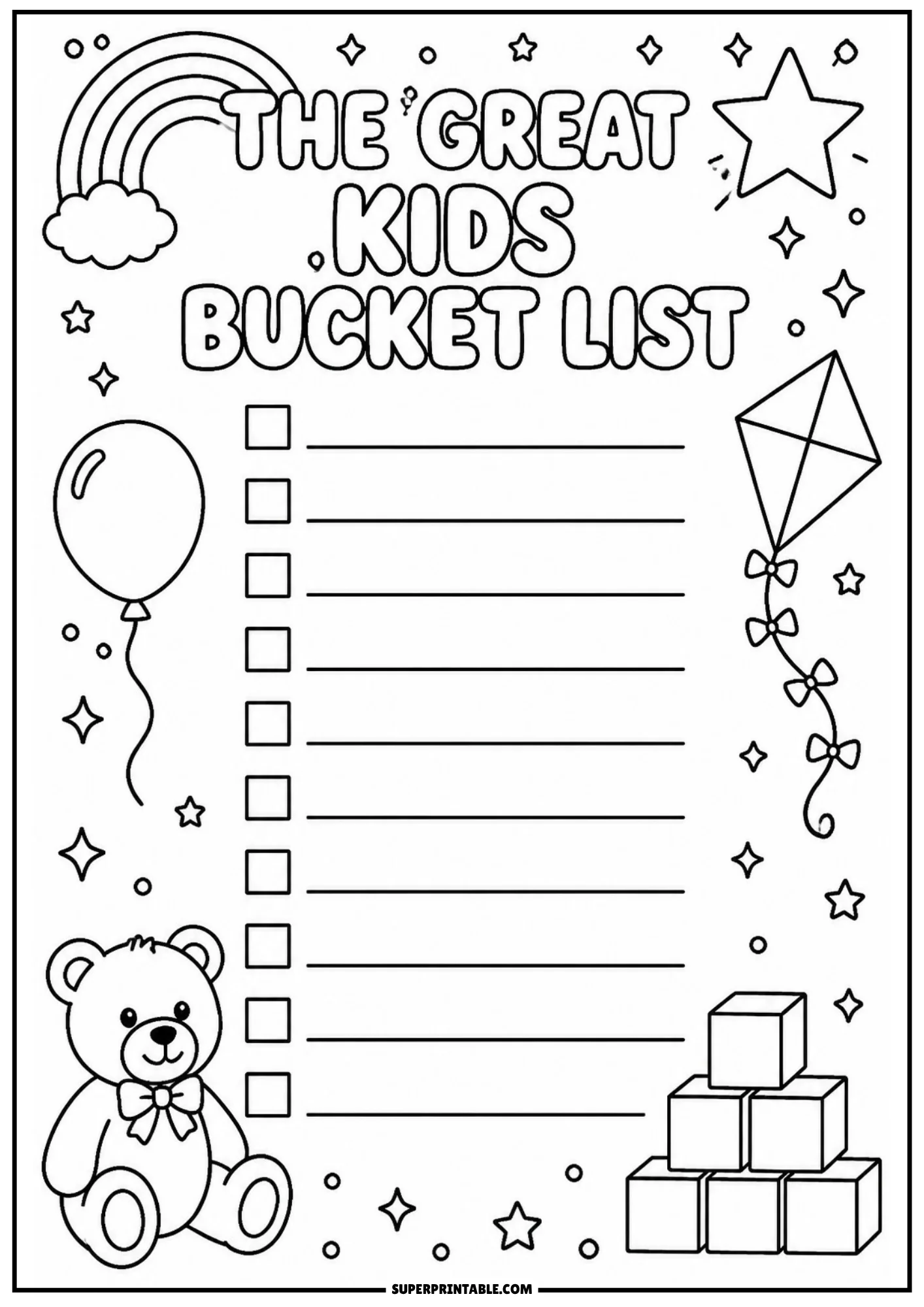 Printable kids bucket list activity page featuring a rainbow, floating balloon, diamond kite, sitting teddy bear, and stack of toy building blocks.