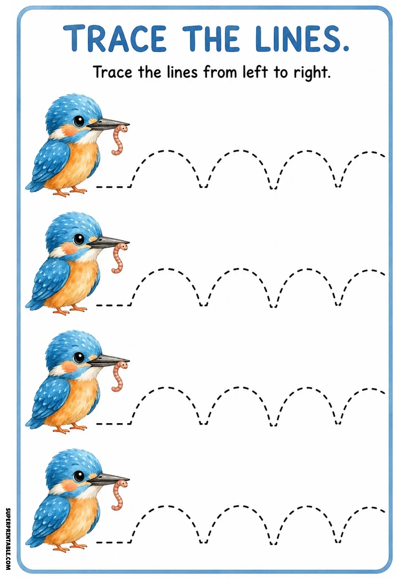Blue kingfisher line tracing page showing four birds holding worms next to arching dashed lines.