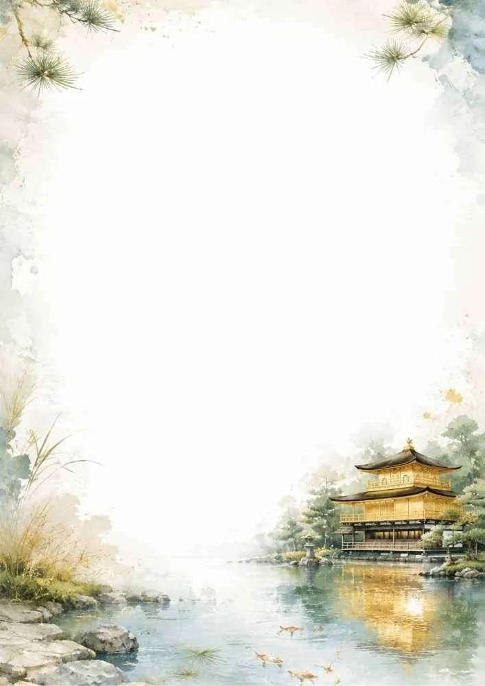 Watercolor border page depicting the Golden Pavilion reflecting on a lake with orange koi fish swimming and pine branches framing the top.