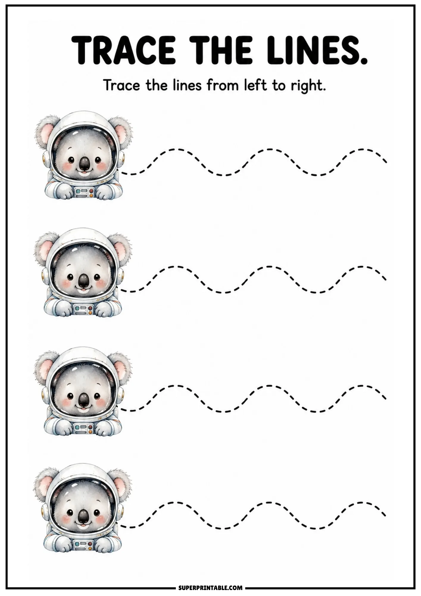Color line tracing page depicting cute koala astronauts wearing space helmets next to wavy dashed lines.