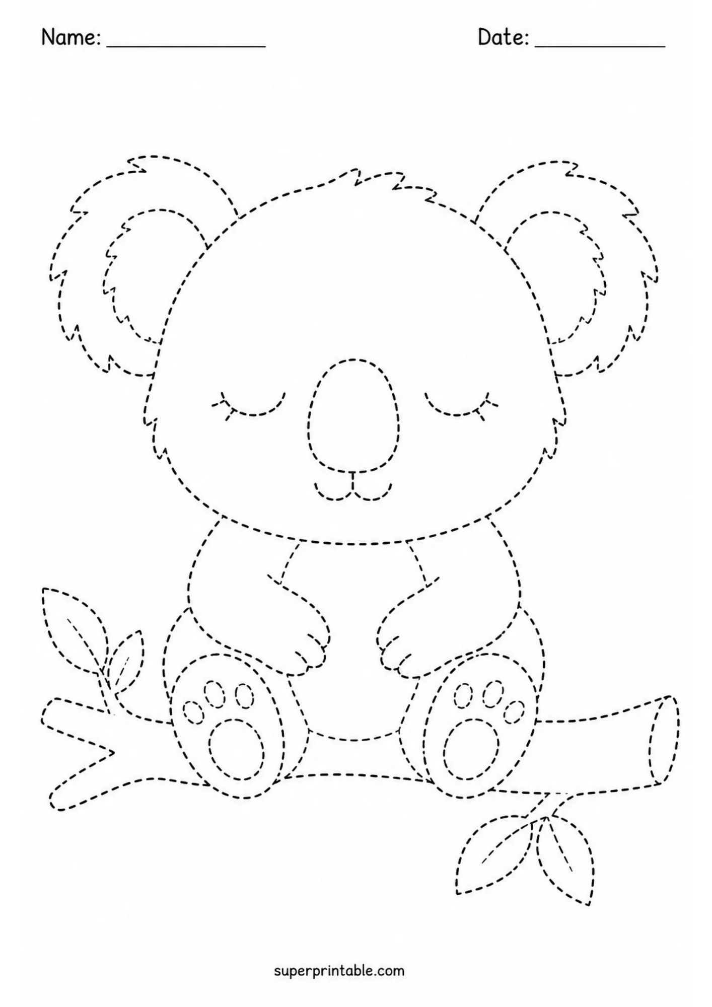 Black dashed outline tracing sheet showing a sleeping koala bear perched on a horizontal tree branch with leaves on both sides.
