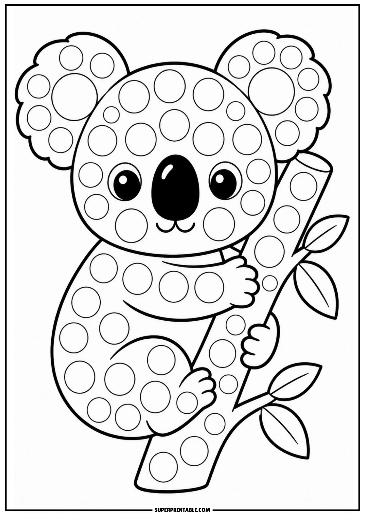 A cute cartoon koala hugging a tree branch, covered in circular dot markers.