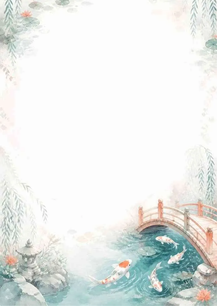 Watercolor border page depicting a wooden arched bridge over a pond with swimming koi fish, a stone lantern, and weeping willow leaves.