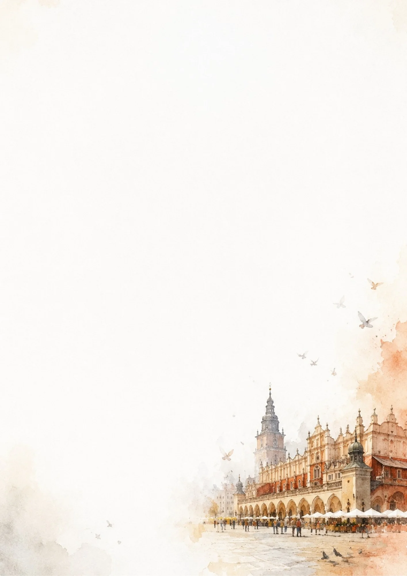 Watercolor painting of the Krakow Cloth Hall and Town Hall Tower with pigeons flying in the sky on the bottom right of a blank writing page.