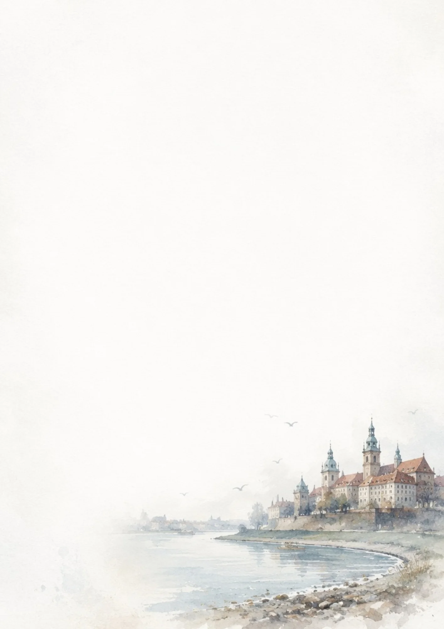 Watercolor view of Wawel Castle and Cathedral on a hill next to the Vistula River under a misty sky on the bottom of a blank writing paper.