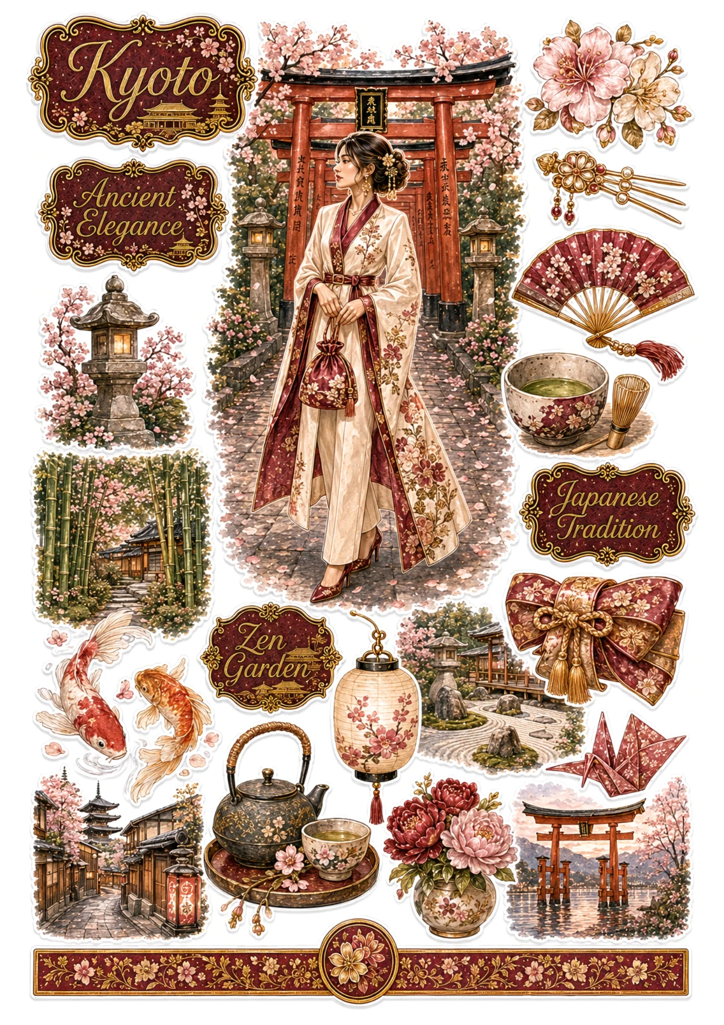 Kyoto sticker sheet showing a Japanese woman in a floral kimono under cherry blossom Torii gates, matcha tea whisk, and koi fish.