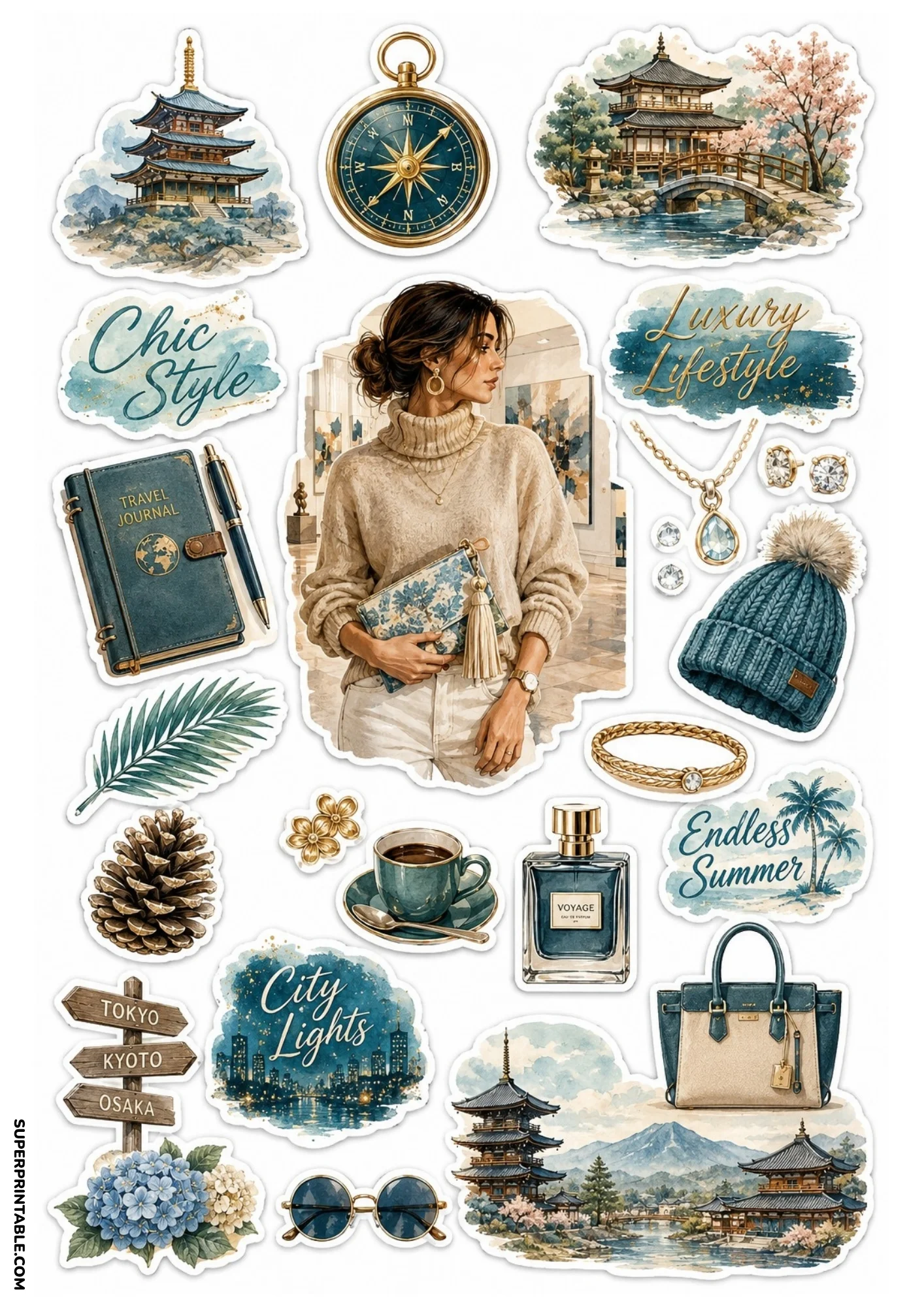 Watercolor sticker sheet featuring a pagoda, Golden Pavilion, woman in a beige sweater, travel journal, teal handbag, and Japanese city signposts.