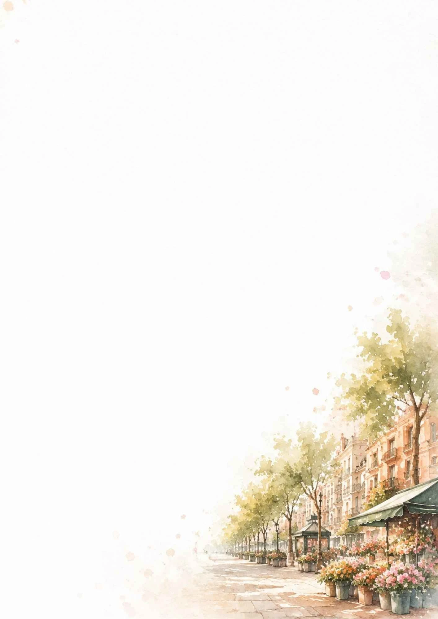 A watercolor street scene of La Rambla walk with green trees, flower buckets in stands, and outdoor shops.