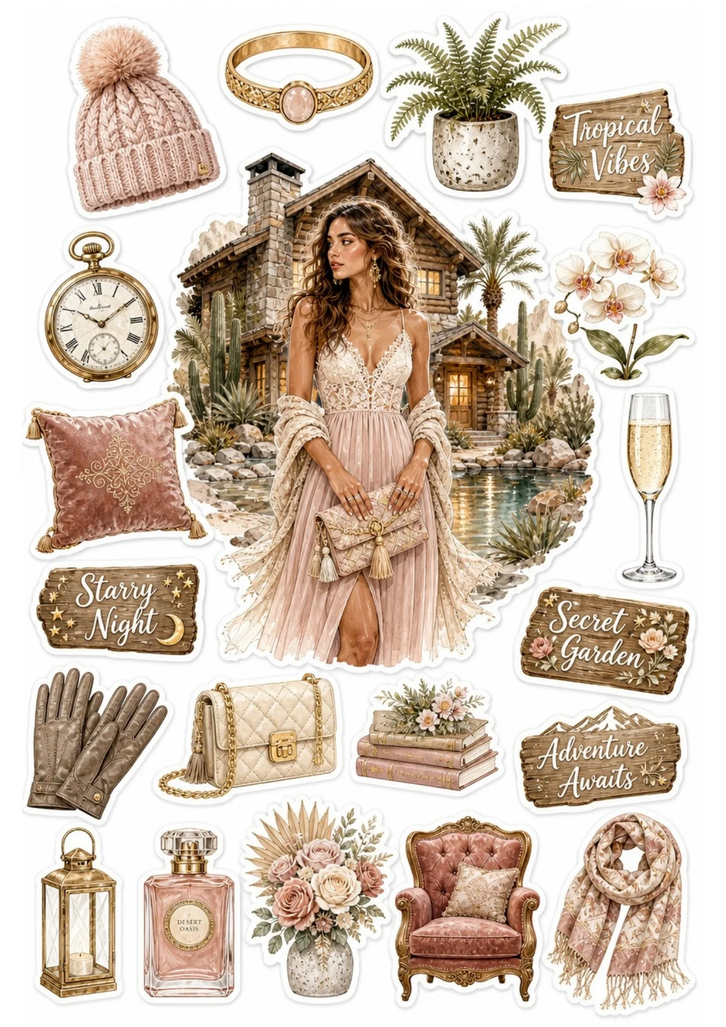 Printable sticker sheet showing a woman in a lace blush evening dress before a rustic mountain cabin, with plush armchair, knit beanie, and pink perfume.
