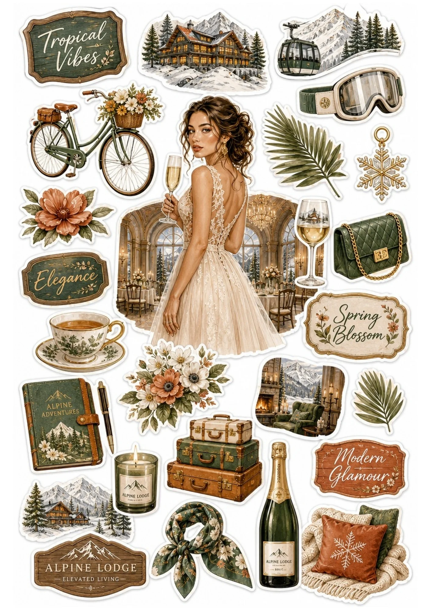 A forest green sticker sheet with a woman in a lace gown, champagne bottle, green handbag, gondola lift, and stacked suitcases.