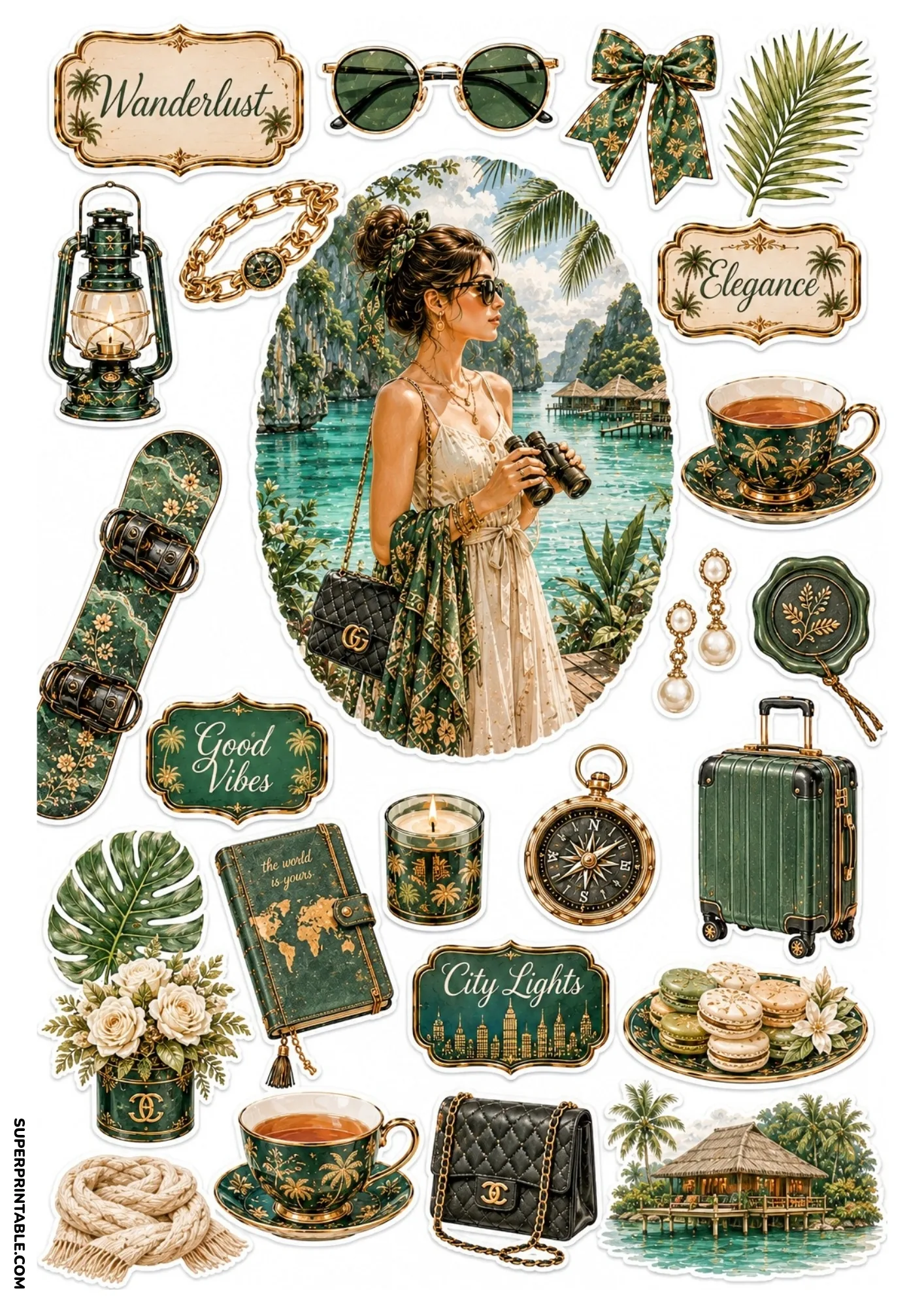 Emerald green sticker sheet with a woman holding binoculars at a tropical resort, green snowboard, vintage lantern, and luggage.