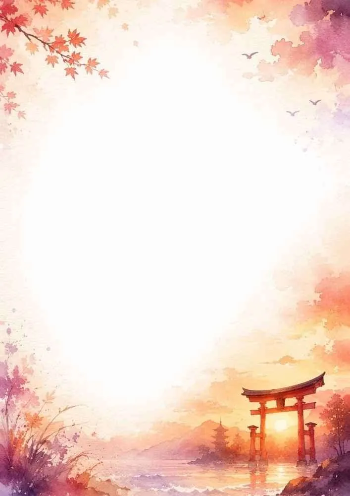 Watercolor border page showing a red torii gate standing in the water at sunset with a distant pagoda and mountains.
