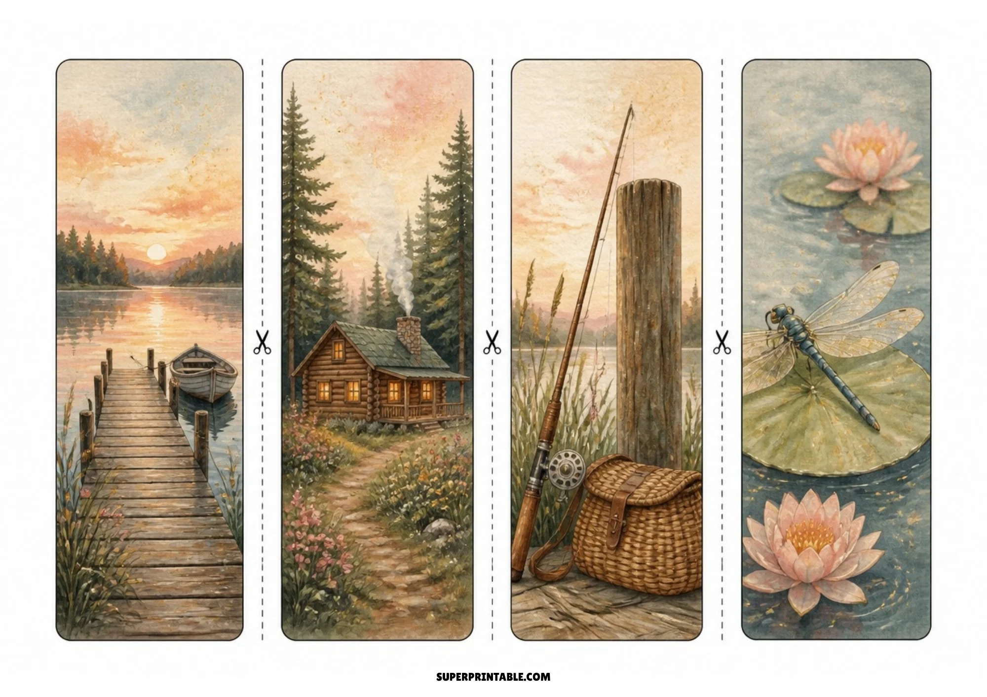 Four nature bookmark designs illustrating a wooden lake dock with a rowboat, a log cabin at dusk, fishing gear on a pier, and a dragonfly.