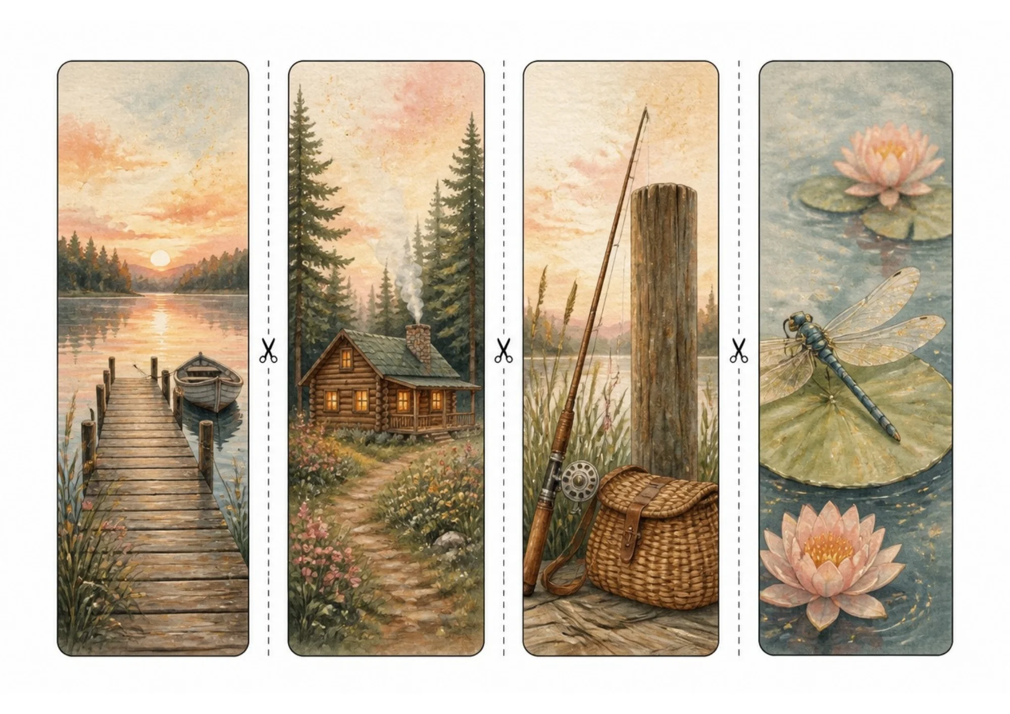 Four watercolor bookmarks illustrating a wooden lake dock at sunset with a rowboat, a cozy log cabin in pine trees, fishing gear with wicker creel, and a dragonfly on a water lily.