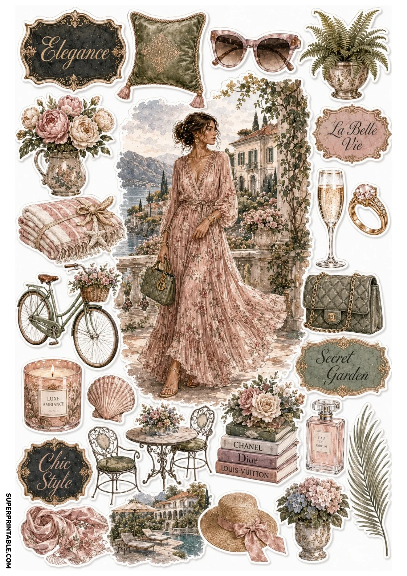 Printable sticker page depicting a woman in a pink gown on a terrace overlooking a lake villa, complete with patio furniture, luxury book stacks, and straw hats.