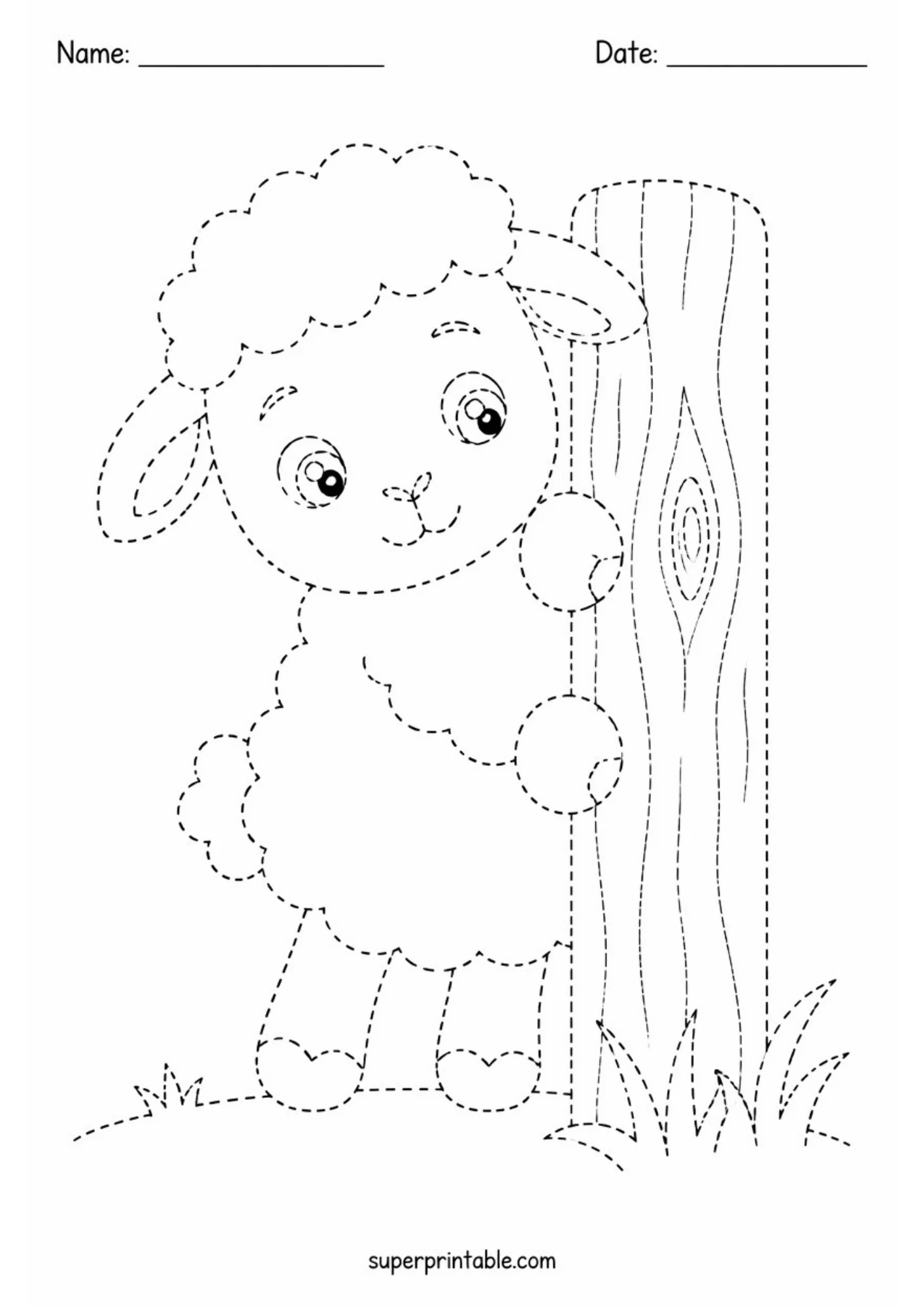 A dashed line art worksheet displaying a cute woolly lamb peeking out from behind a tall wooden fence post surrounded by grass.