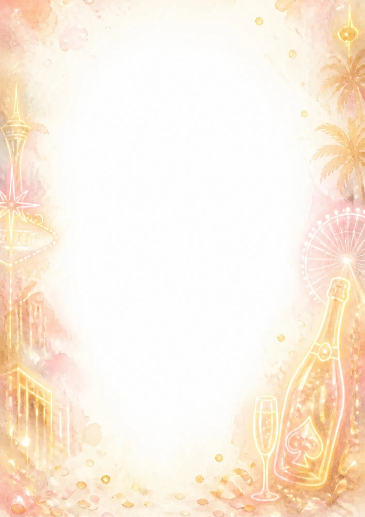 A luxurious writing page showing a glowing gold champagne bottle with an Ace of Spades logo, a champagne glass, Wynn hotel line art, and the High Roller.