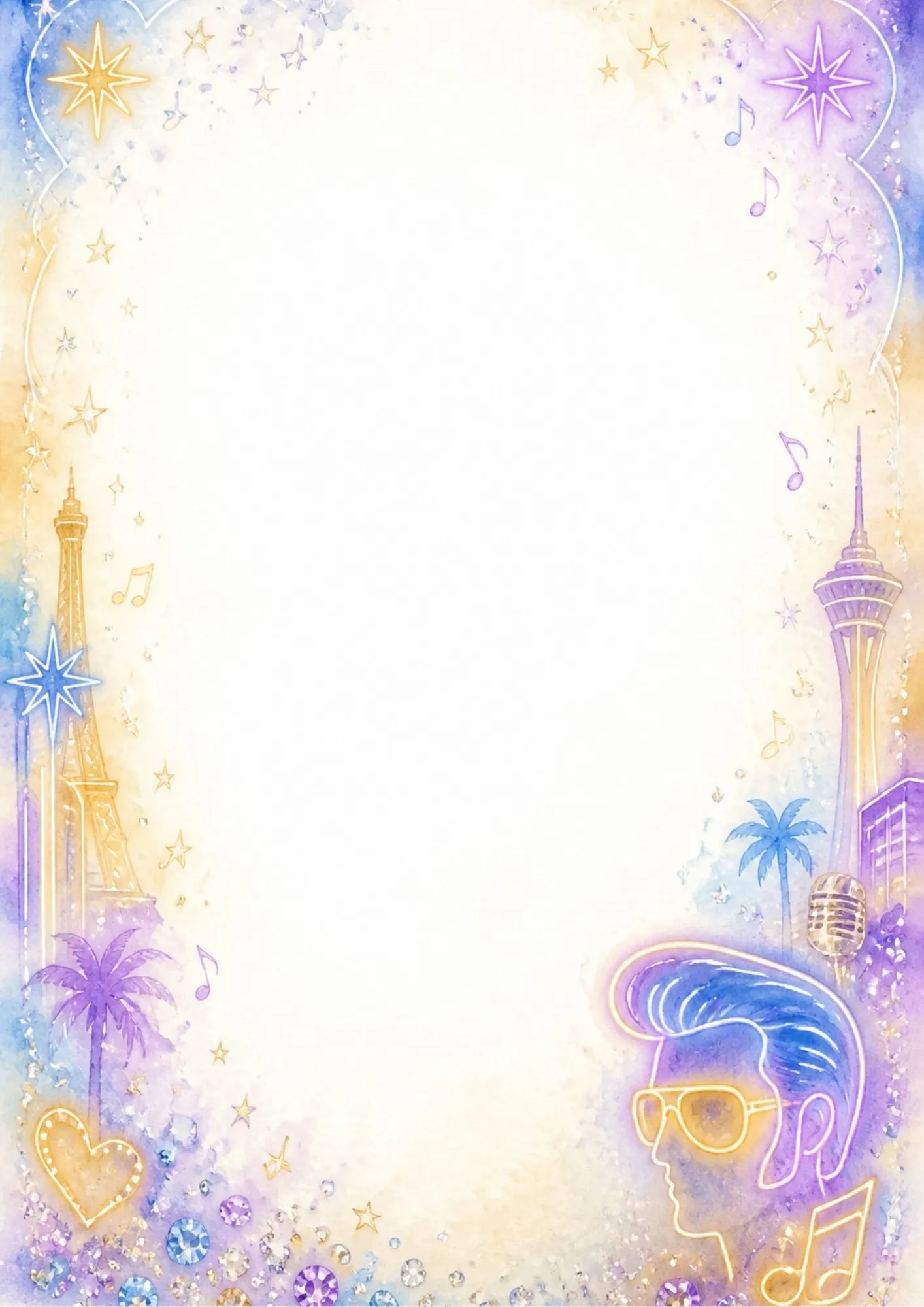 A music-themed writing page featuring a neon Elvis Presley silhouette with gold sunglasses, a vintage microphone, the Eiffel Tower, and rhinestones.