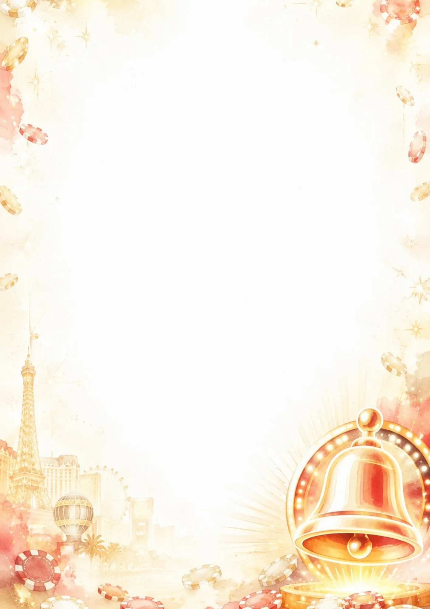 A jackpot-themed writing page featuring a large golden bell slot symbol with marquee lights, falling red and gold casino chips, and the Eiffel Tower.