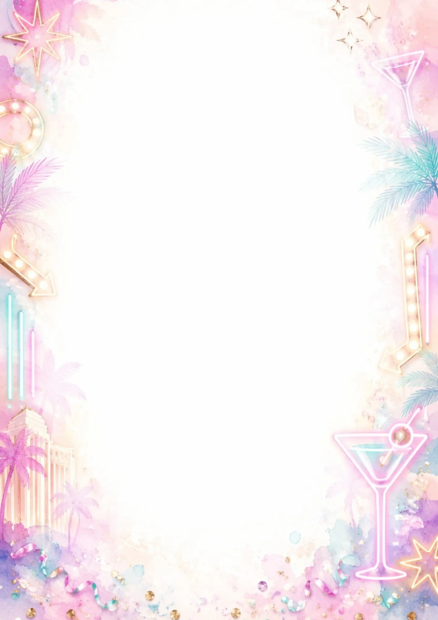 A pastel writing page showing a large glowing neon pink martini glass, Caesars Palace columns, a neon arrow, and floating confetti.