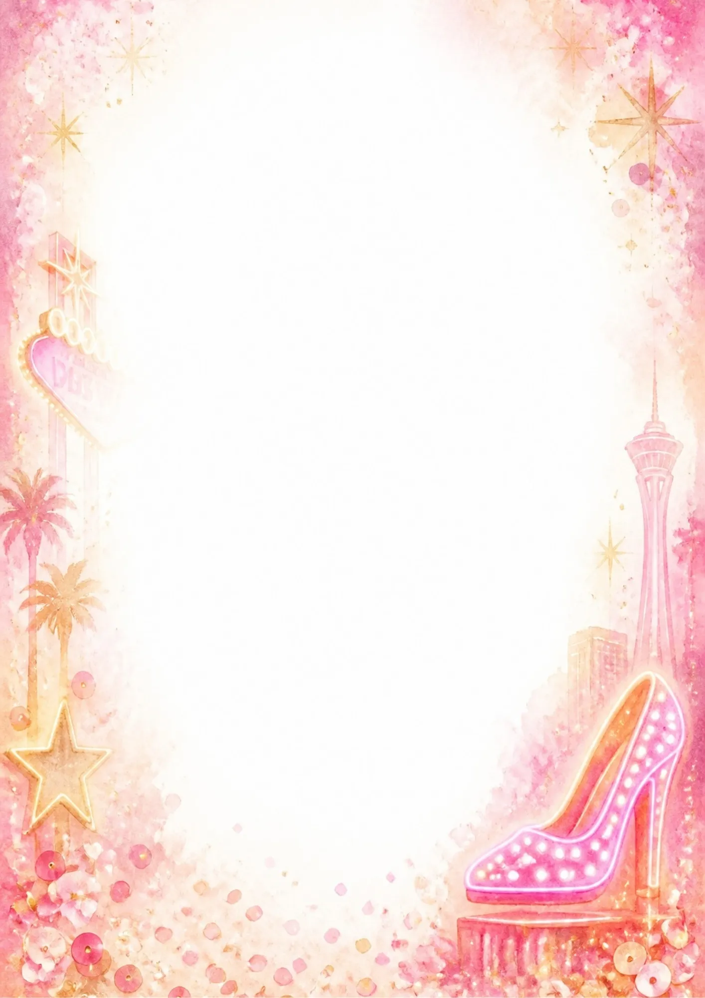 A glamorous writing page showing a large glowing pink neon stiletto high heel shoe, a golden starburst sign, the Stratosphere, and pink sequins.