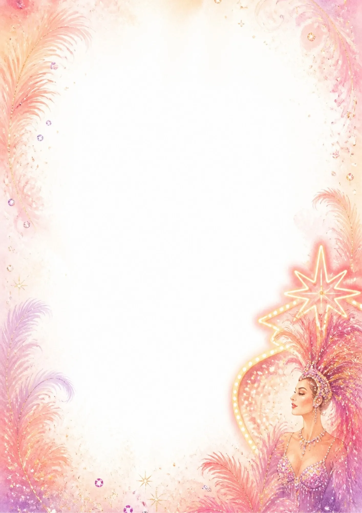 An elegant writing page featuring a Las Vegas showgirl profile with a tall pink feathered headdress, surrounded by flowing pink feathers and gold glitter.