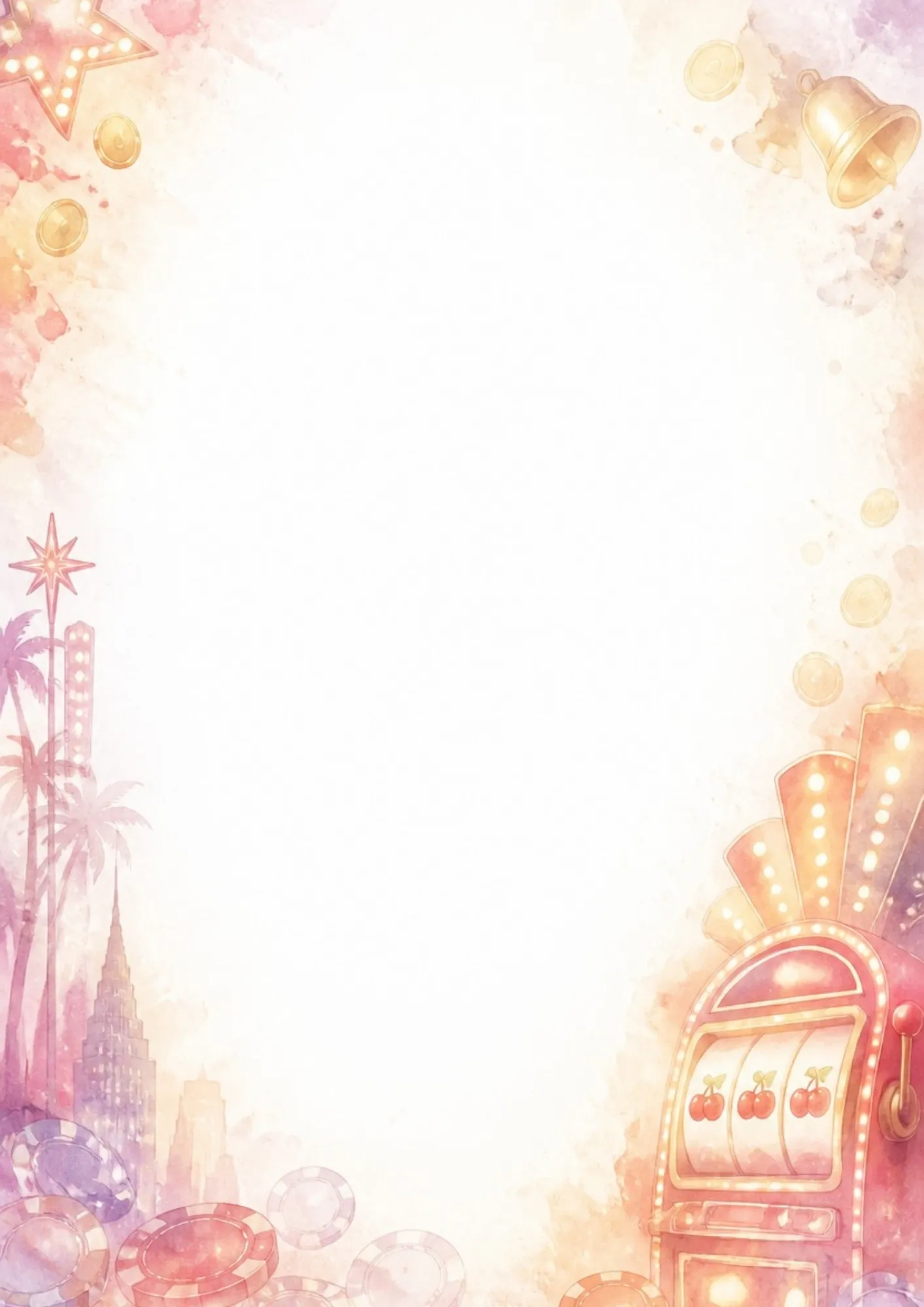 A casino-themed writing page featuring a retro red slot machine showing three cherries, falling gold coins, casino chips, and a skyline.