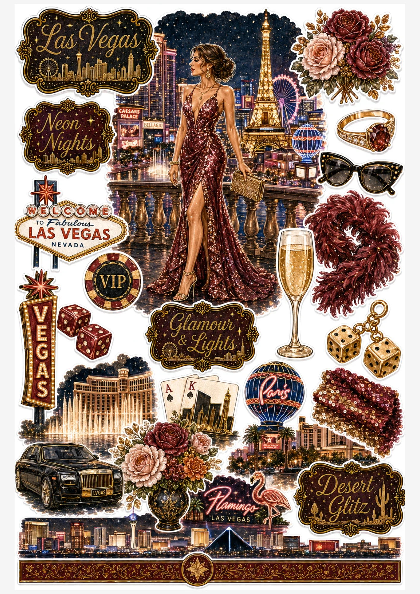 Las Vegas sticker collection featuring a woman in a sequined gown at Bellagio fountains balcony, welcome sign, dice, and champagne.