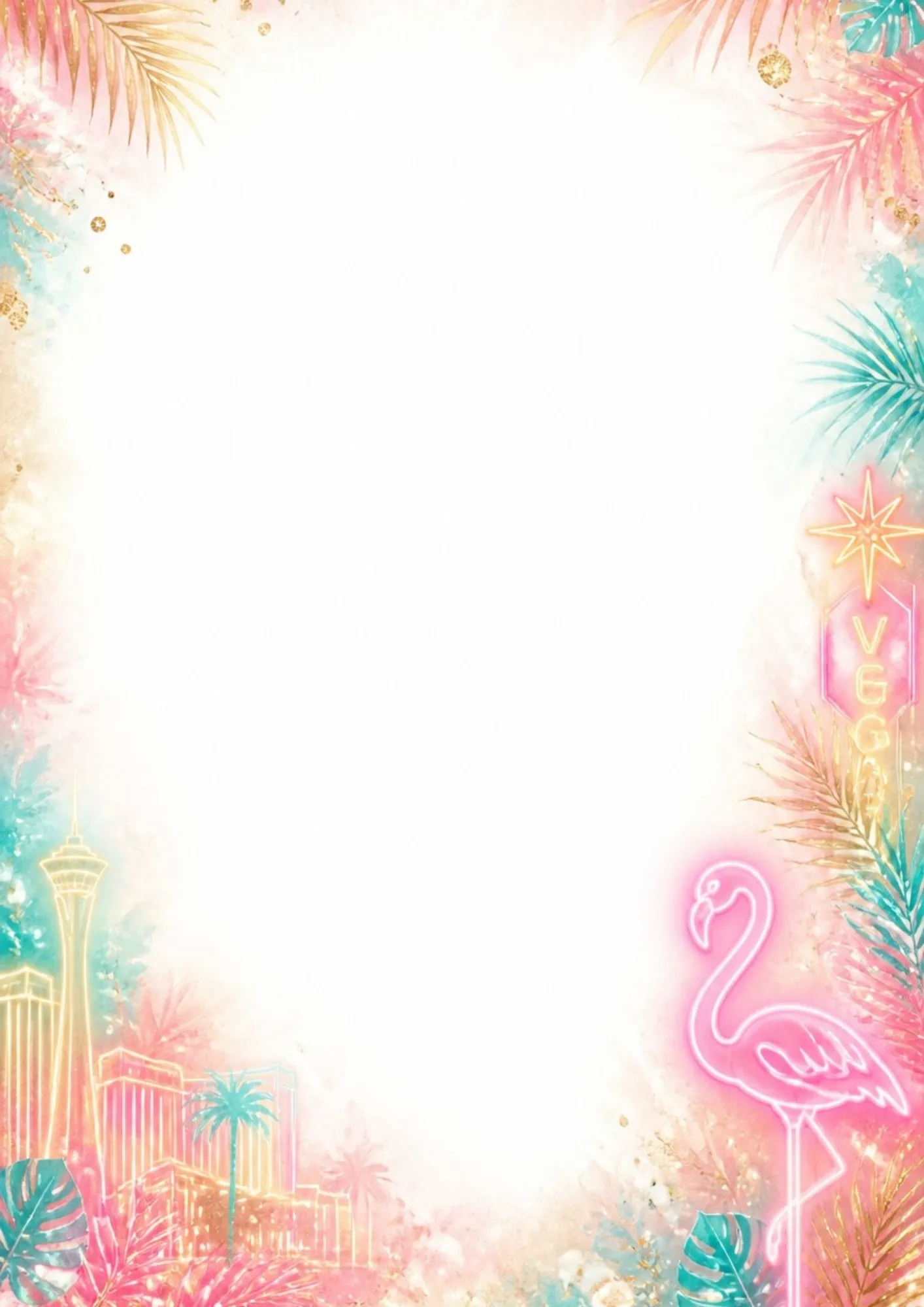 A tropical writing page featuring a bright pink neon flamingo, a vertical Vegas neon sign, the Stratosphere skyline, and monstera leaves.