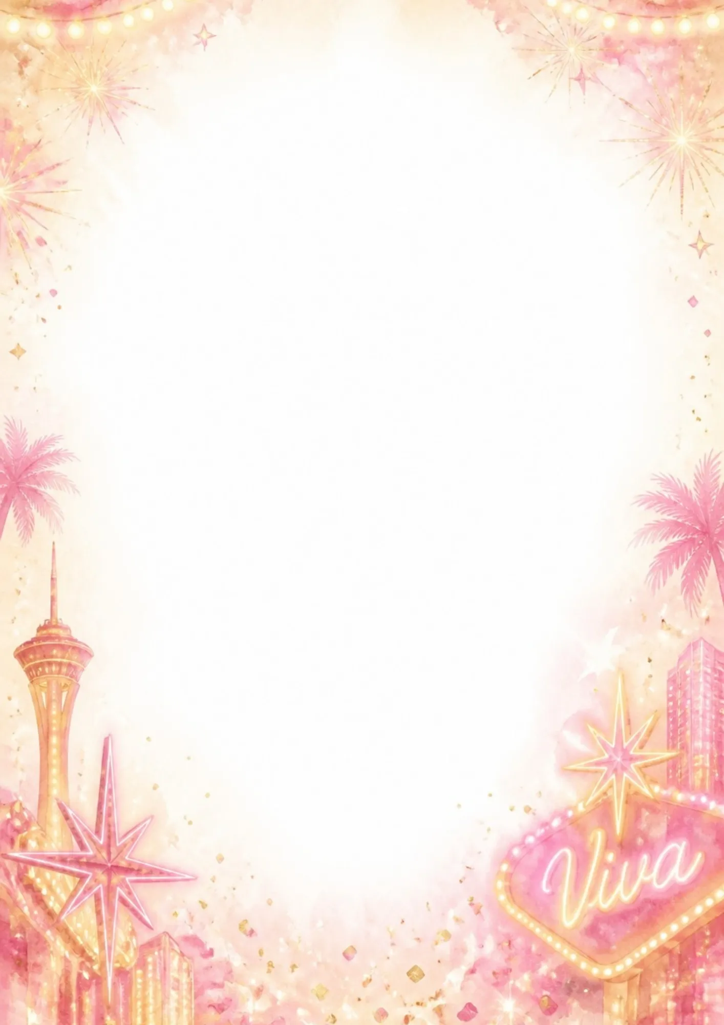 A festive writing page showing a pink neon sign spelling Viva, the Stratosphere tower, fireworks, palm trees, and gold confetti.