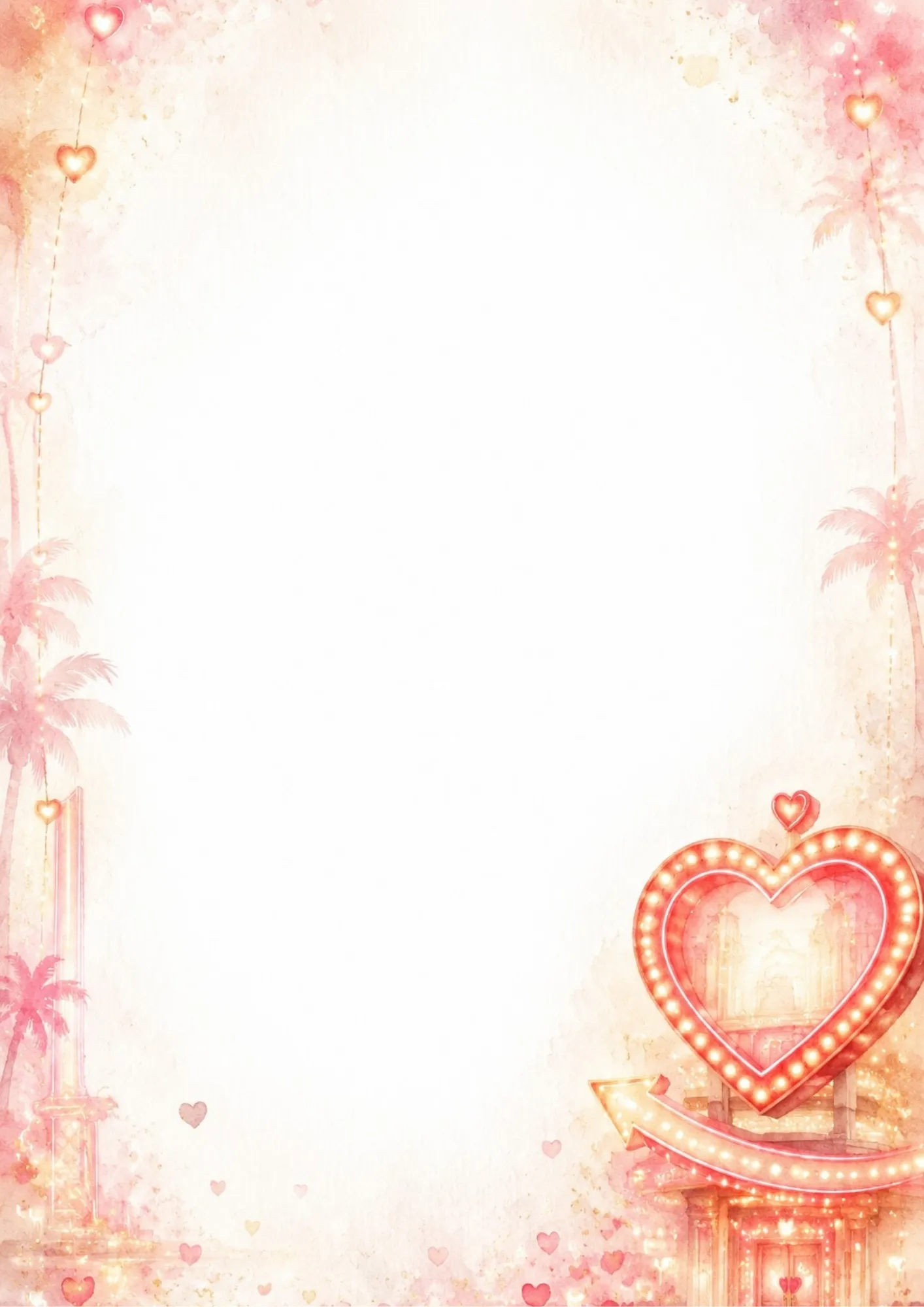 A romantic writing page featuring a red neon heart marquee sign and arrow above a classic white wedding chapel, with hanging heart-shaped lights.
