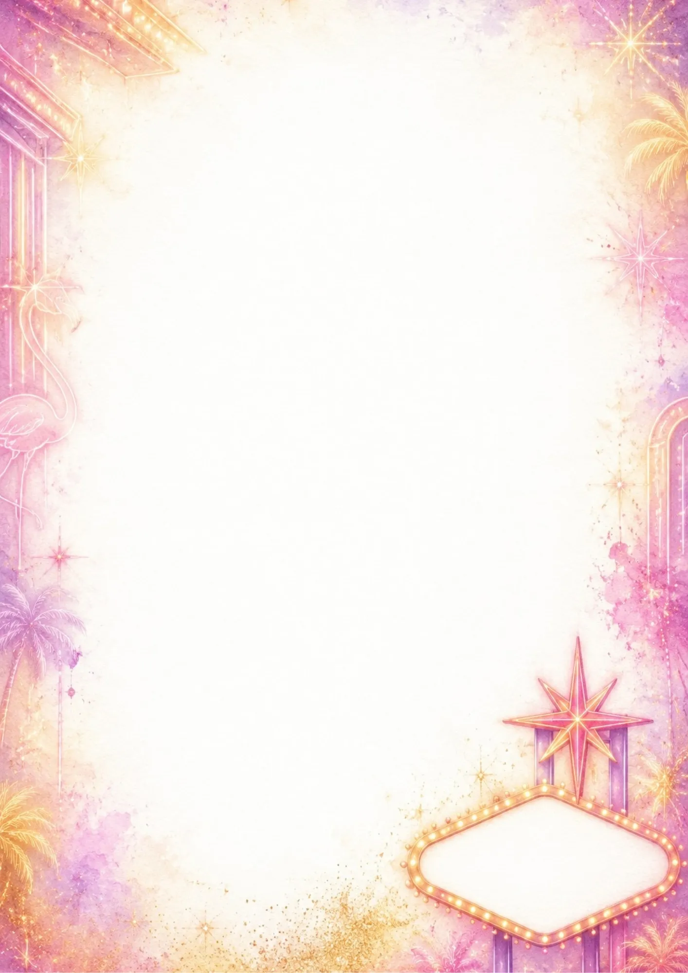 A writing page featuring a blank neon welcome marquee sign with a pink starburst, a neon pink flamingo, palm trees, and gold glitter.
