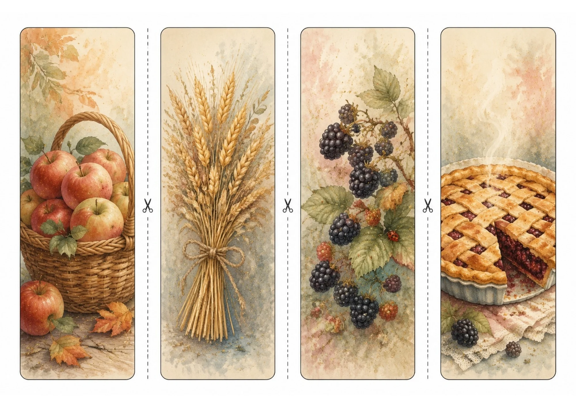 Four watercolor harvest bookmarks displaying an apple basket, a bundle of golden wheat stalks, a ripe blackberry vine with a ladybug, and a lattice-crust berry pie slice.