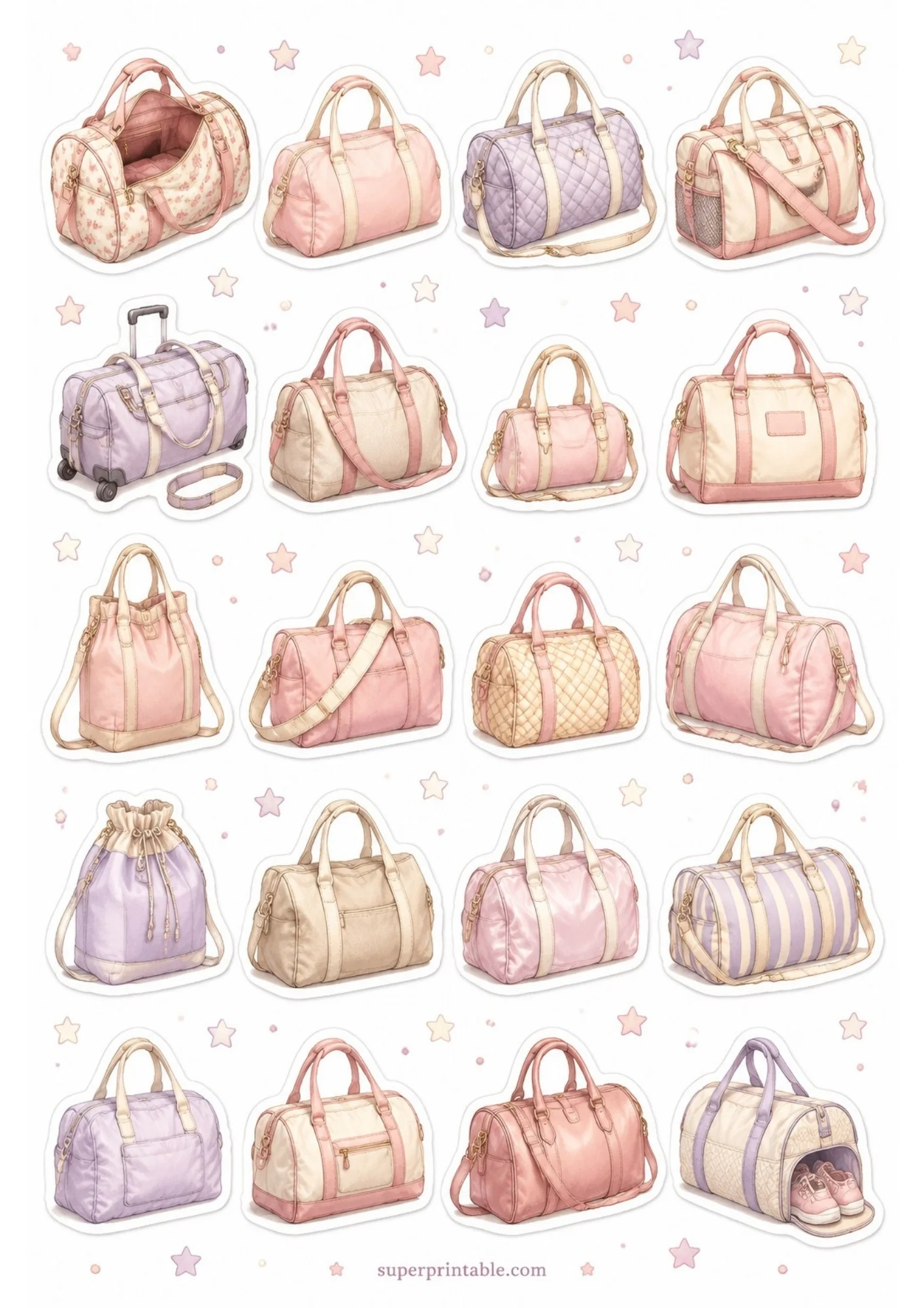 A sheet of 20 travel stickers in soft lavender purple and pastel pink colors, including drawstring bags and small wheeled suitcases.