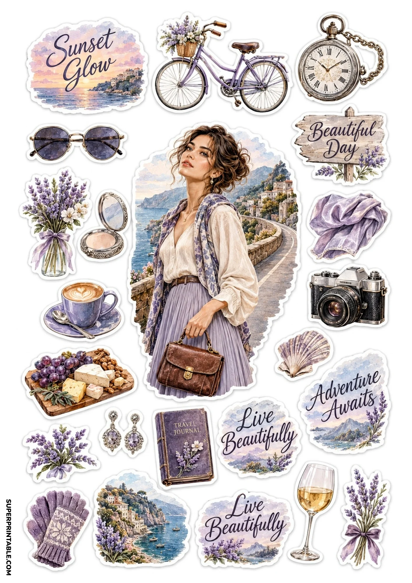 Lavender themed sticker sheet displaying a vintage bicycle, purple travel journal, coffee cup, camera, cheese platter, and coastal woman portrait.