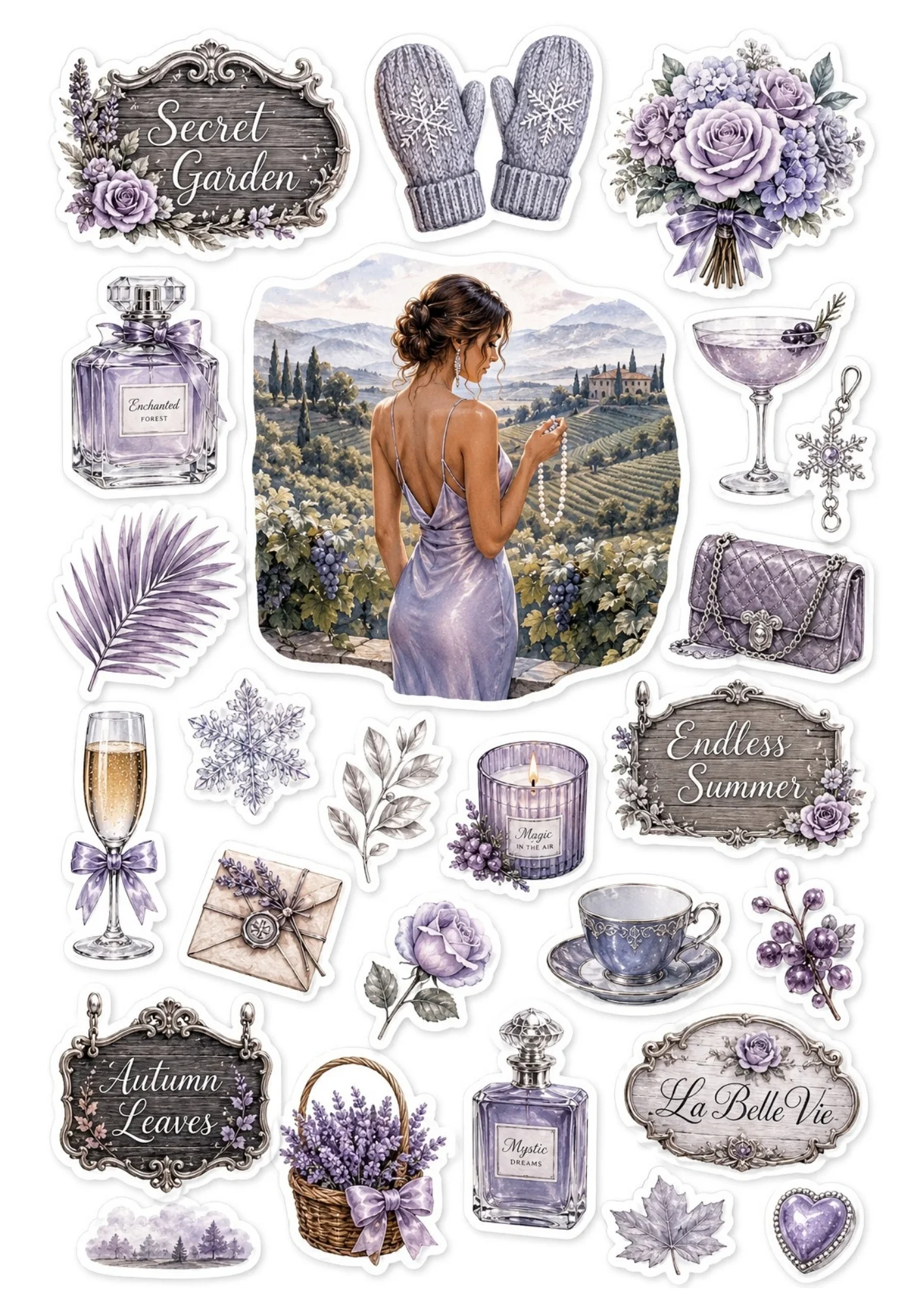 Sticker collection featuring a woman in a purple satin gown overlooking hills.