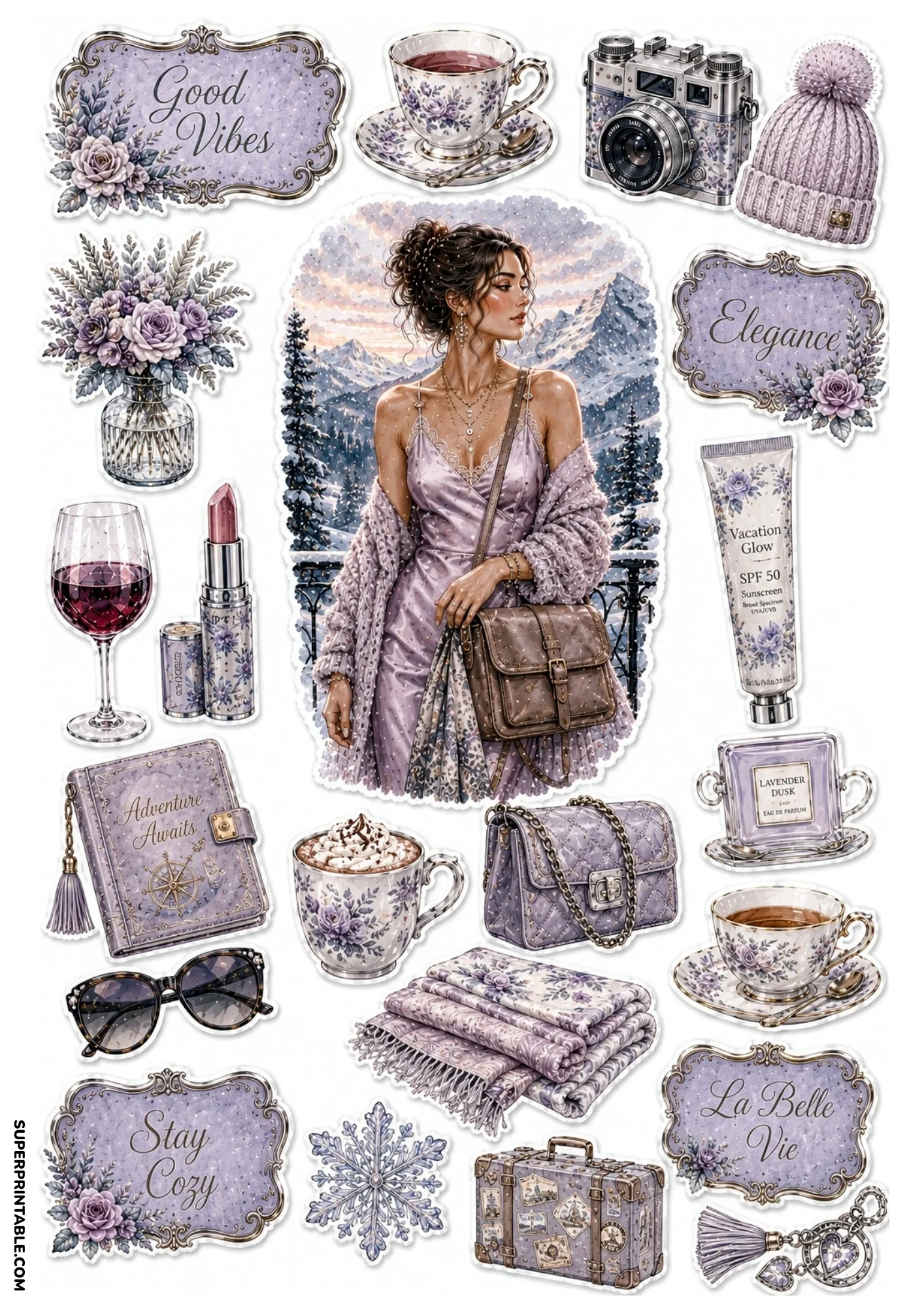 Lavender purple sticker sheet portraying a woman on a winter balcony, teacups, knit pom-pom hat, perfume, and soft pastel purple labels.