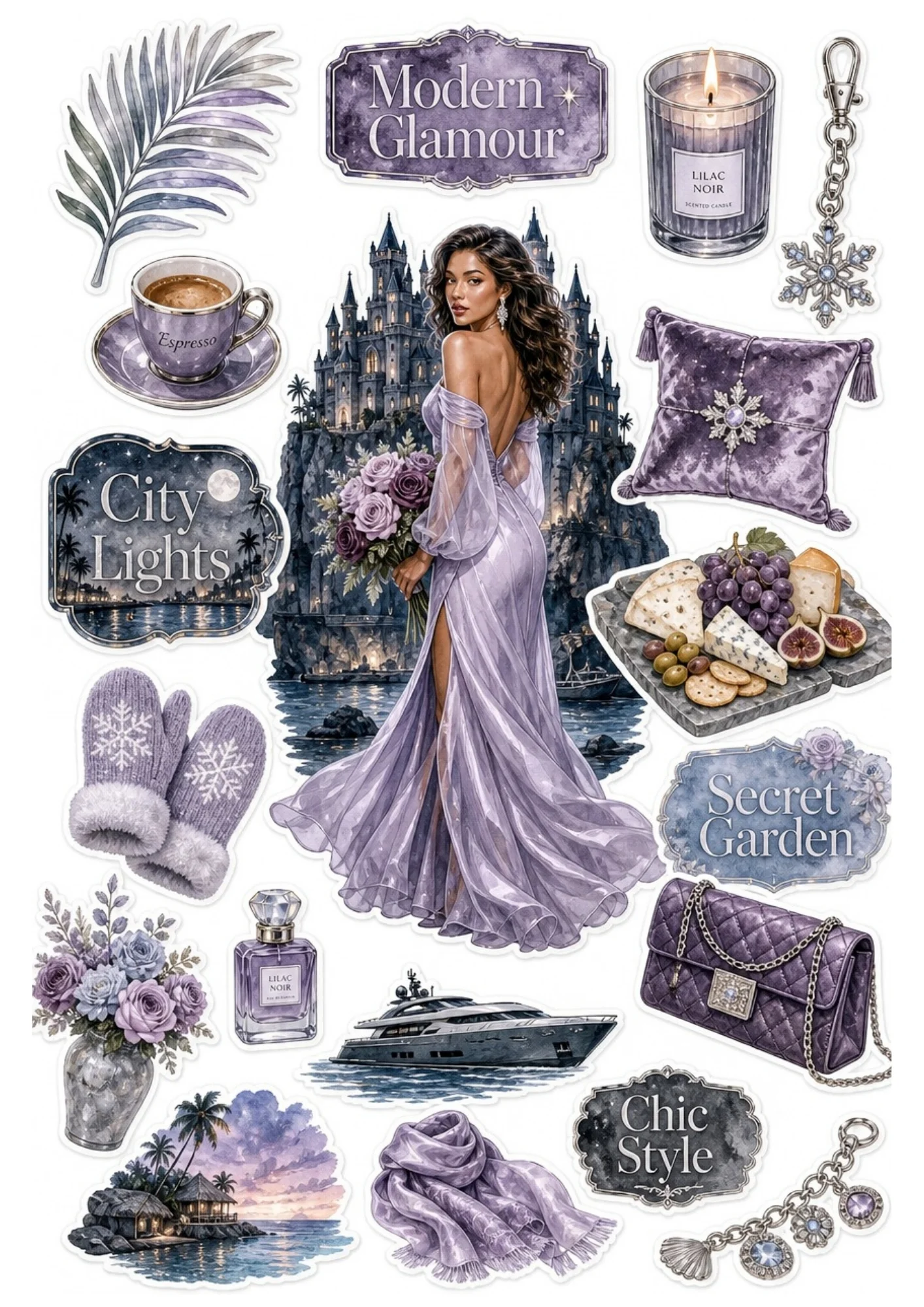 Printable sticker sheet featuring a woman in a purple evening dress with a flower bouquet, surrounded by lavender accessories, a luxury yacht, cheese platter, and purple leather handbag.