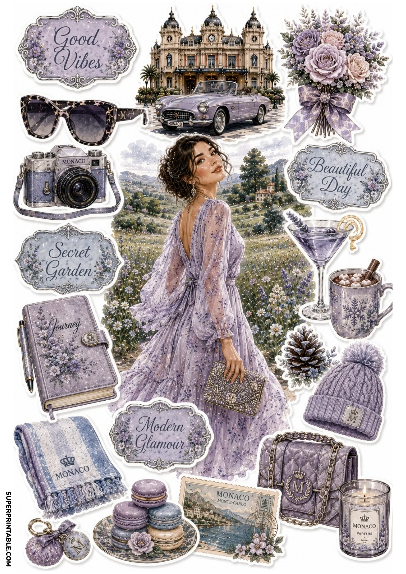Printable sticker sheet depicting a woman in a lavender chiffon dress, periwinkle camera, journal, and macarons.