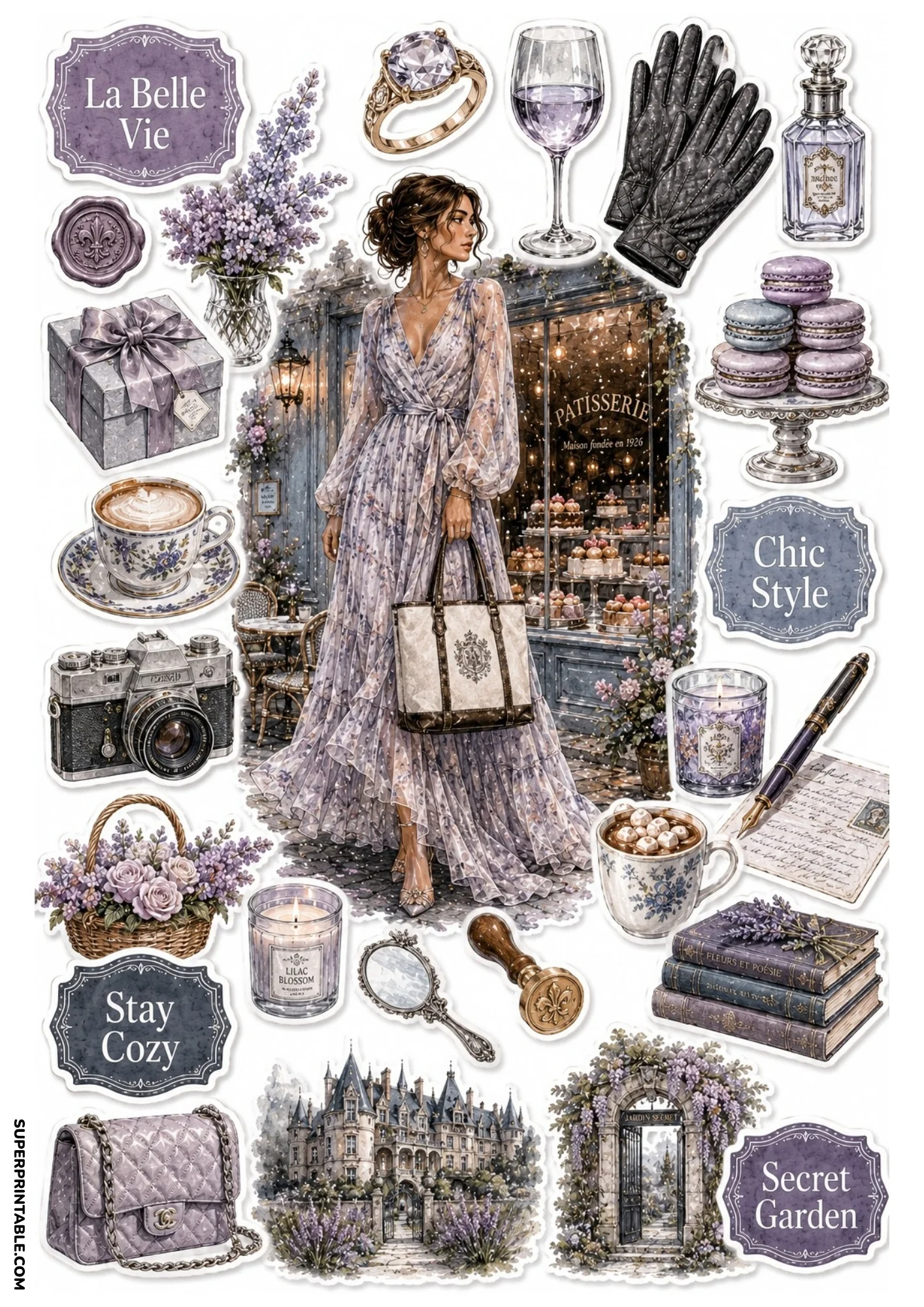 Sticker sheet page featuring a woman in a lavender floral dress outside a pastry shop, accompanied by a gothic chateau, macarons, lavender baskets, and vintage cameras.