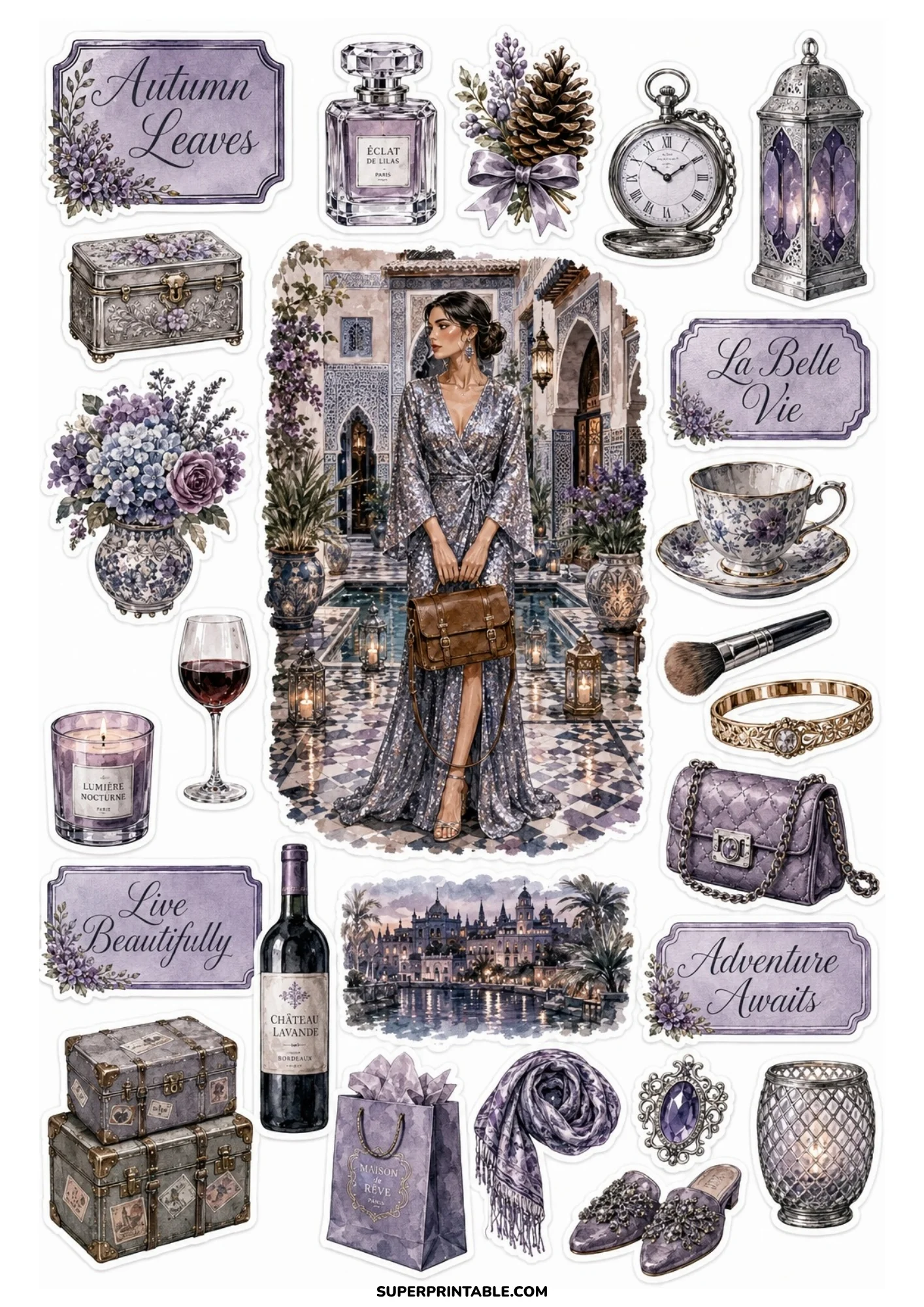 A printable sticker sheet showing a woman in a silver dress in a palace courtyard, with purple hydrangeas, lavender candles, perfume, and suitcases.