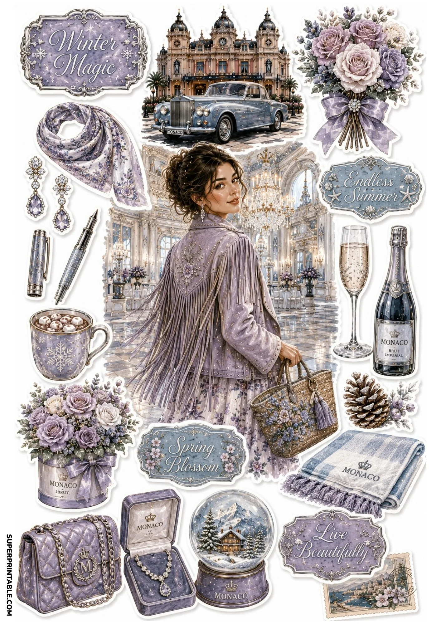 Printable sticker sheet showing a woman in a lavender fringe jacket in a palace, silver car, champagne, and lilac flowers.
