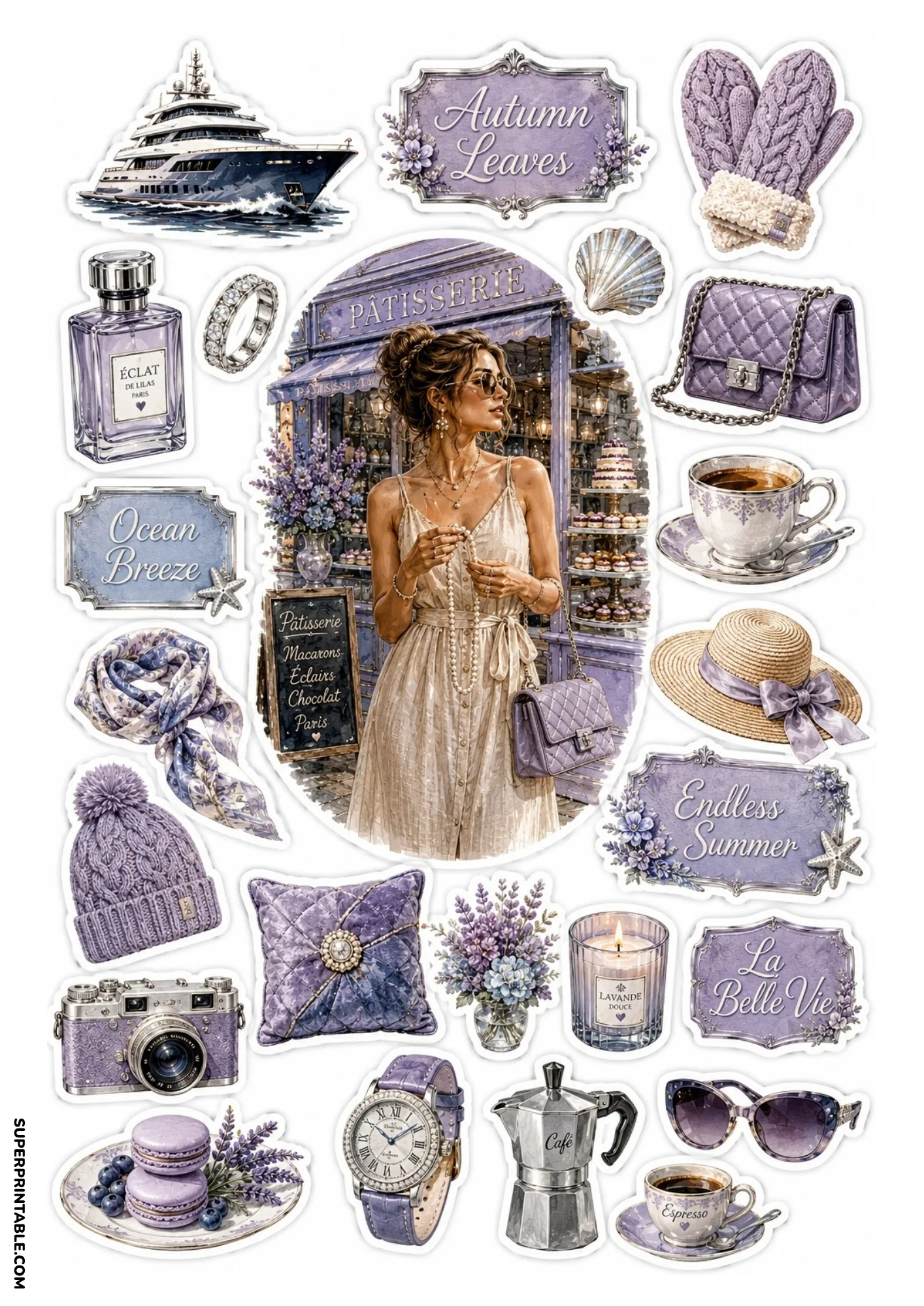 Printable sticker sheet featuring a woman in front of a purple bakery, surrounded by soft lavender stickers including a white yacht, macaron plate, purple camera, and floral typography badges.