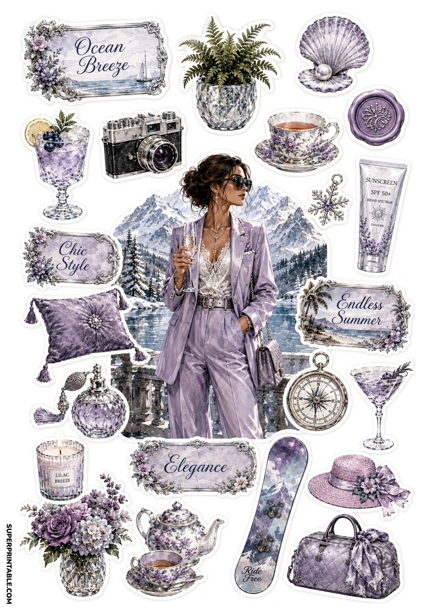 Printable sticker sheet featuring a woman in a lilac trouser suit holding champagne before snowy mountains, with lavender handbag, perfume, teacup, and winter accessories.