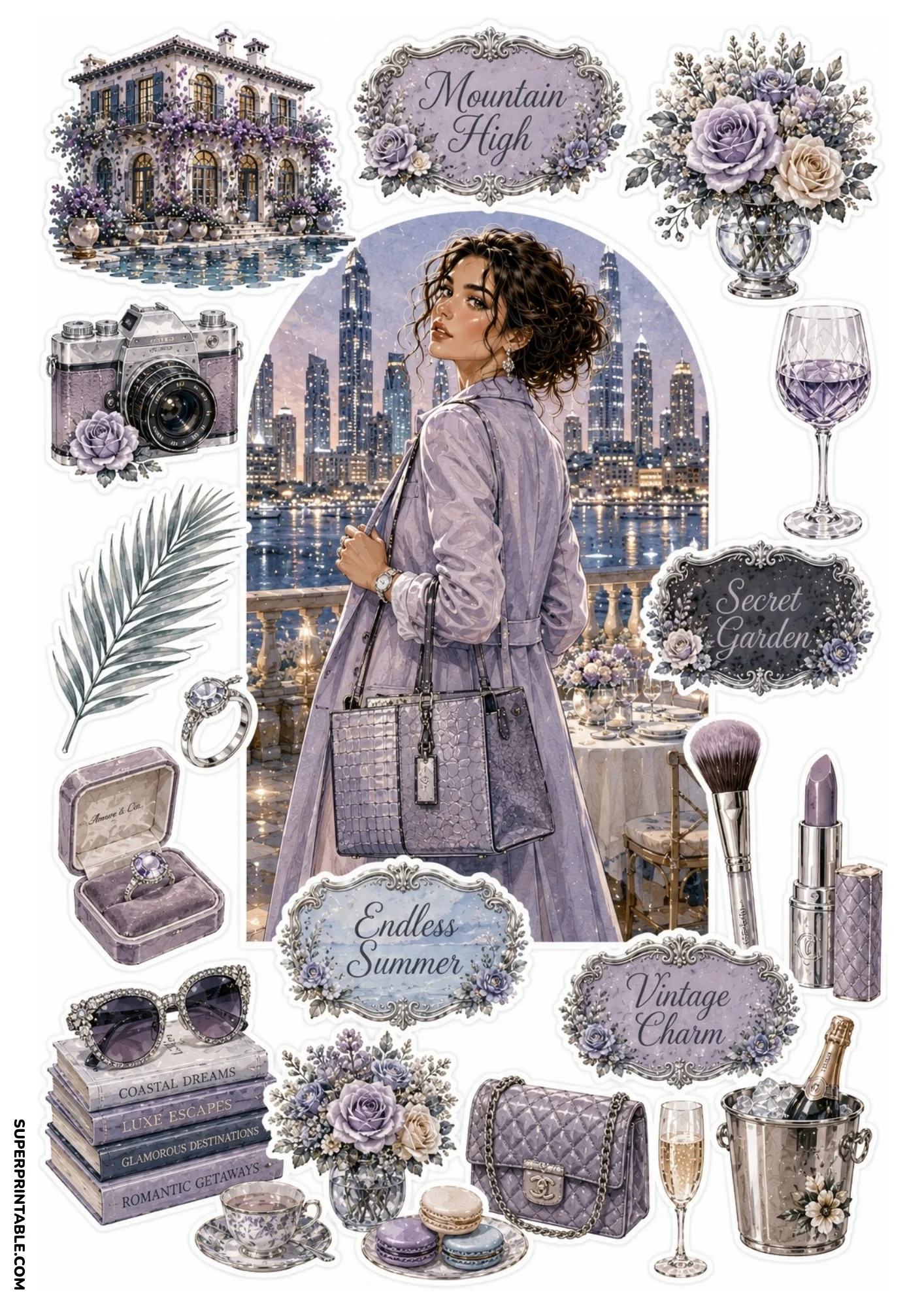 Printable sticker set displaying a woman in a lavender trench coat overlooking a lit city skyline, silver camera, velvet ring box, and champagne bucket.