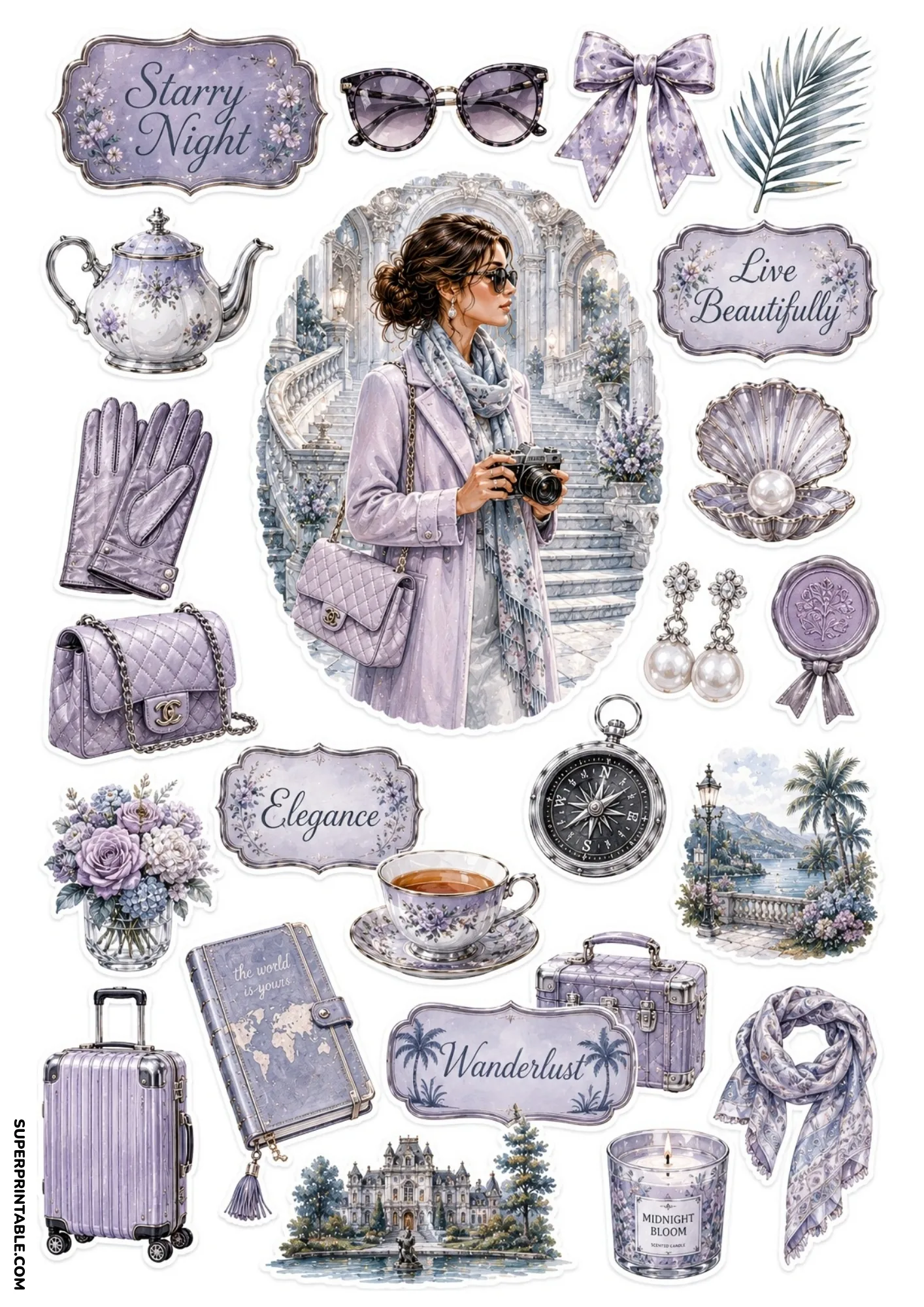 Pastel lavender sticker sheet featuring a woman in a trench coat with a camera, silver suitcase, Midnight Bloom candle, and castle.